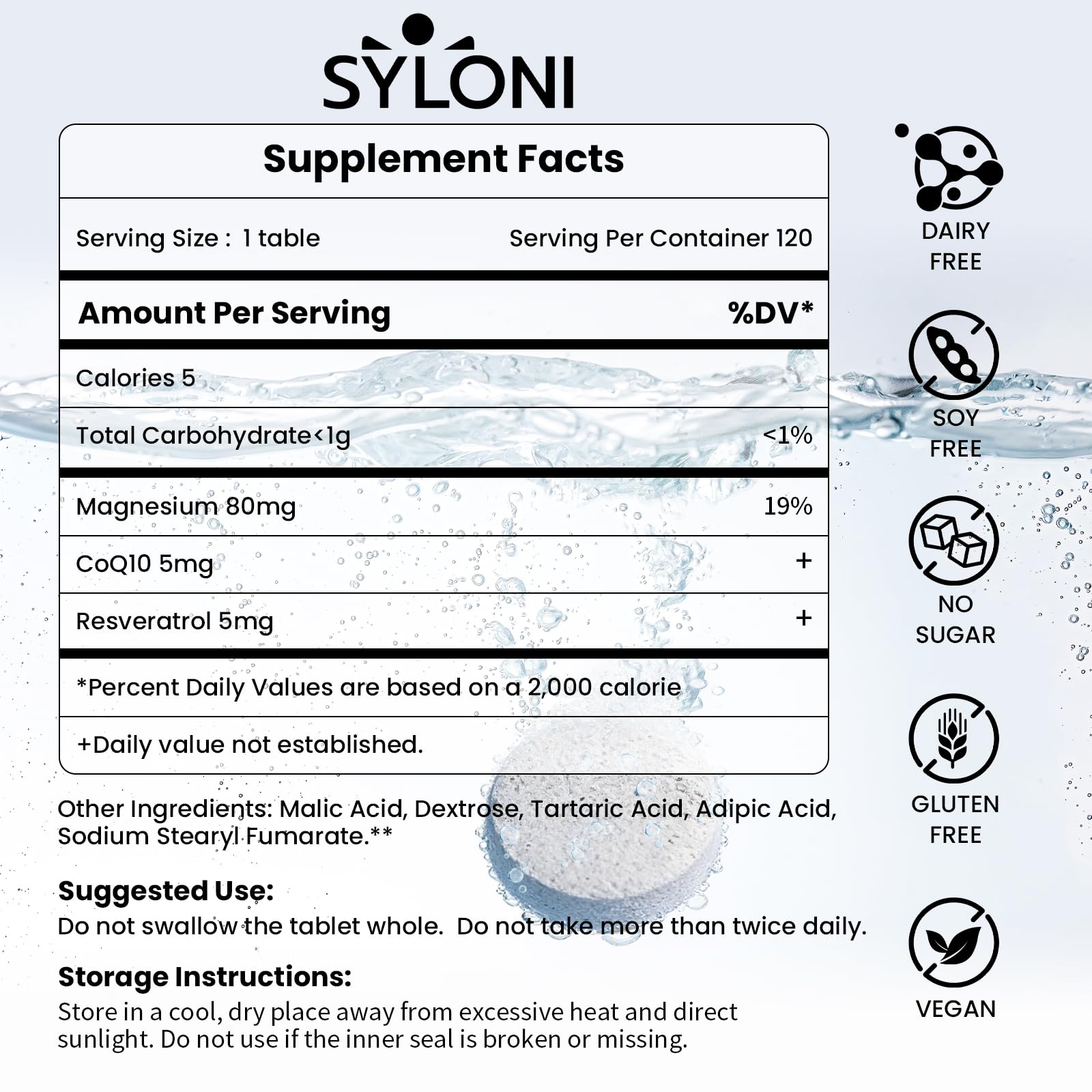 SYLONI tableta en primer plano mostrando textura y disolución rápida