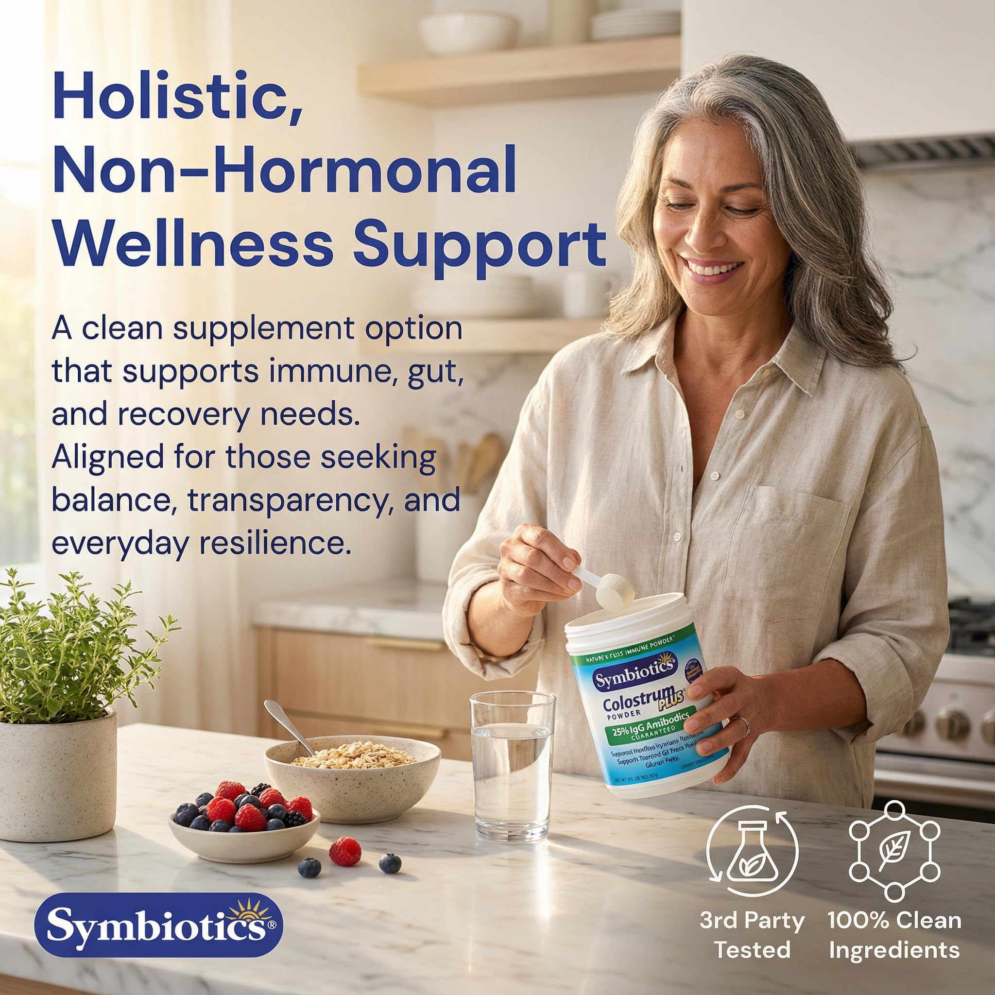 Symbiotics envase con objeto cotidiano para comparación de tamaño y conveniencia