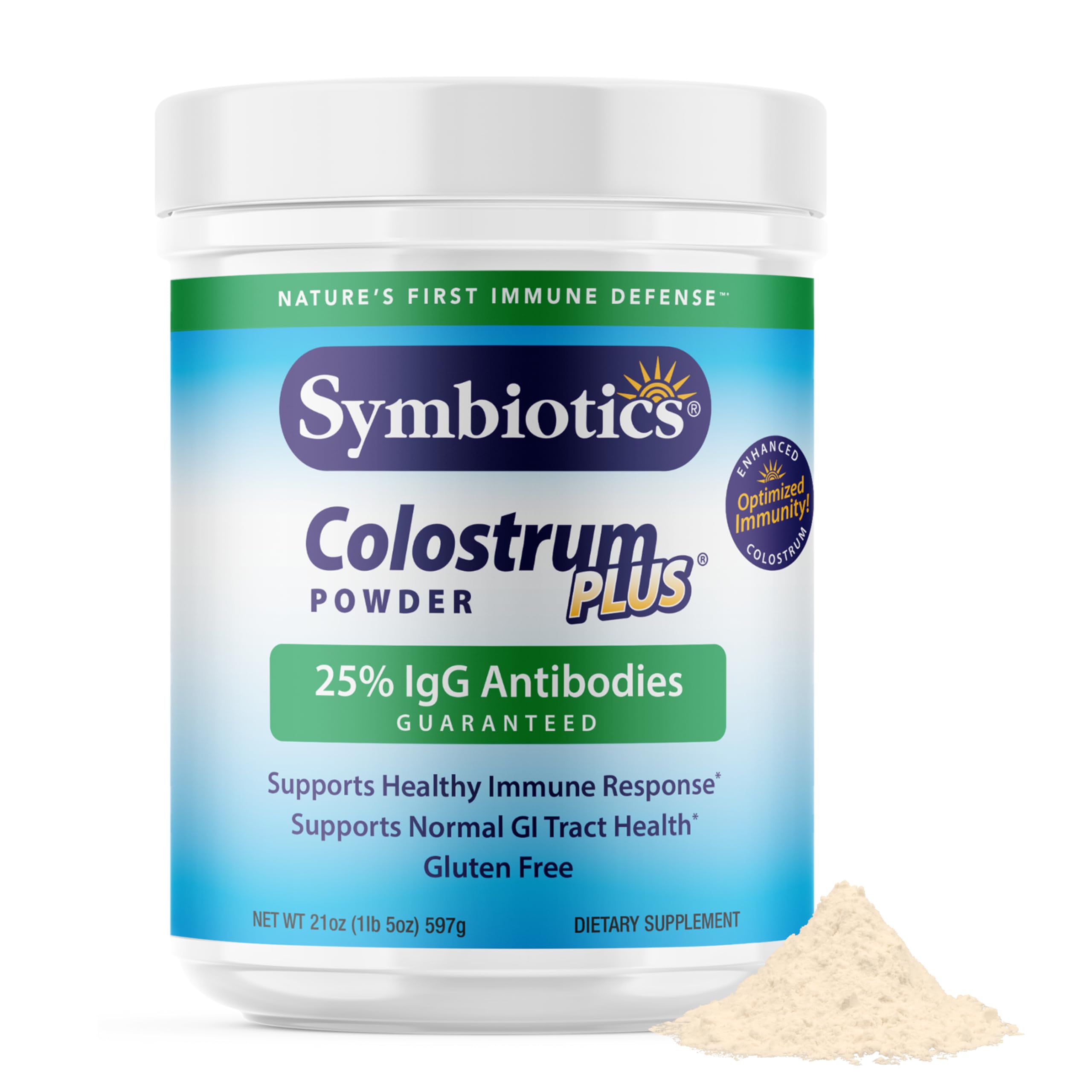 Symbiotics envase frontal del Colostrum Plus mostrando presentación y beneficio de pureza