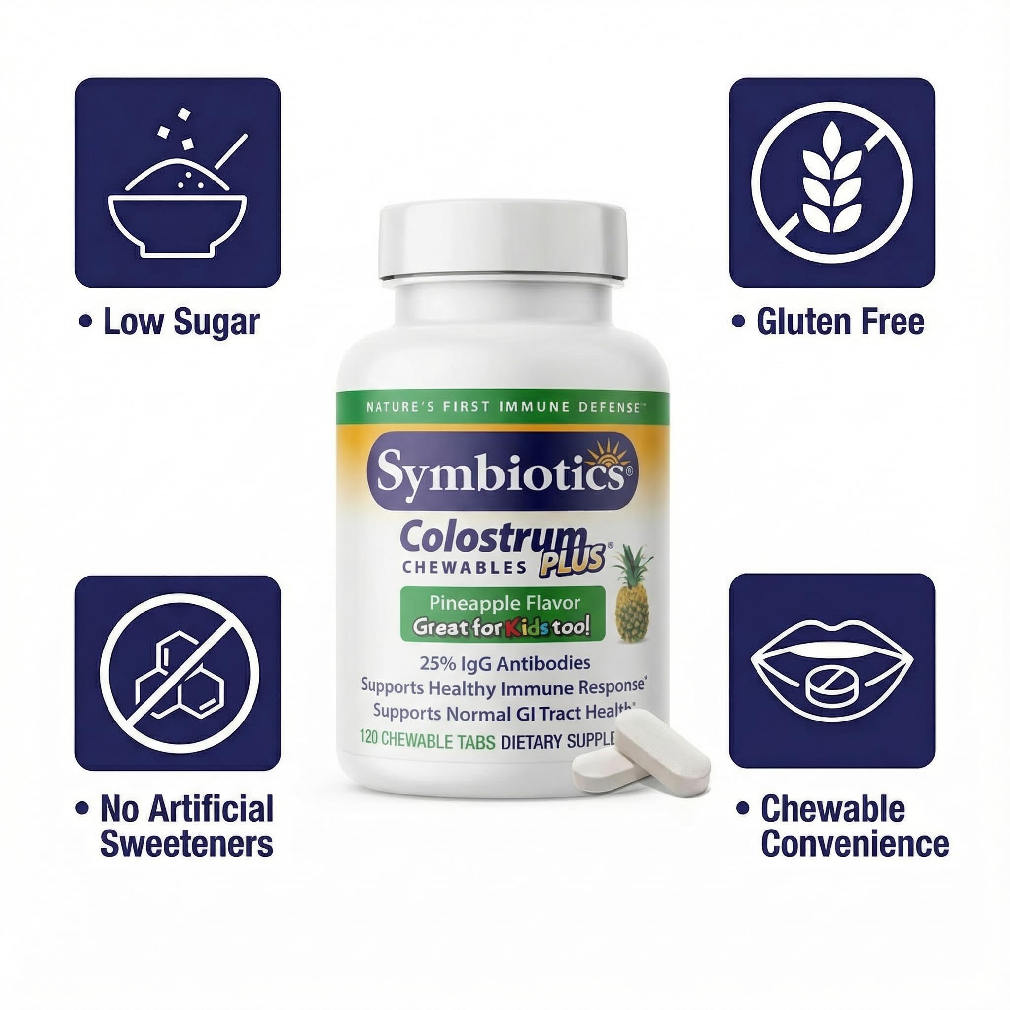 Symbiotics Naturade persona tomando tableta masticable, conveniente y portátil