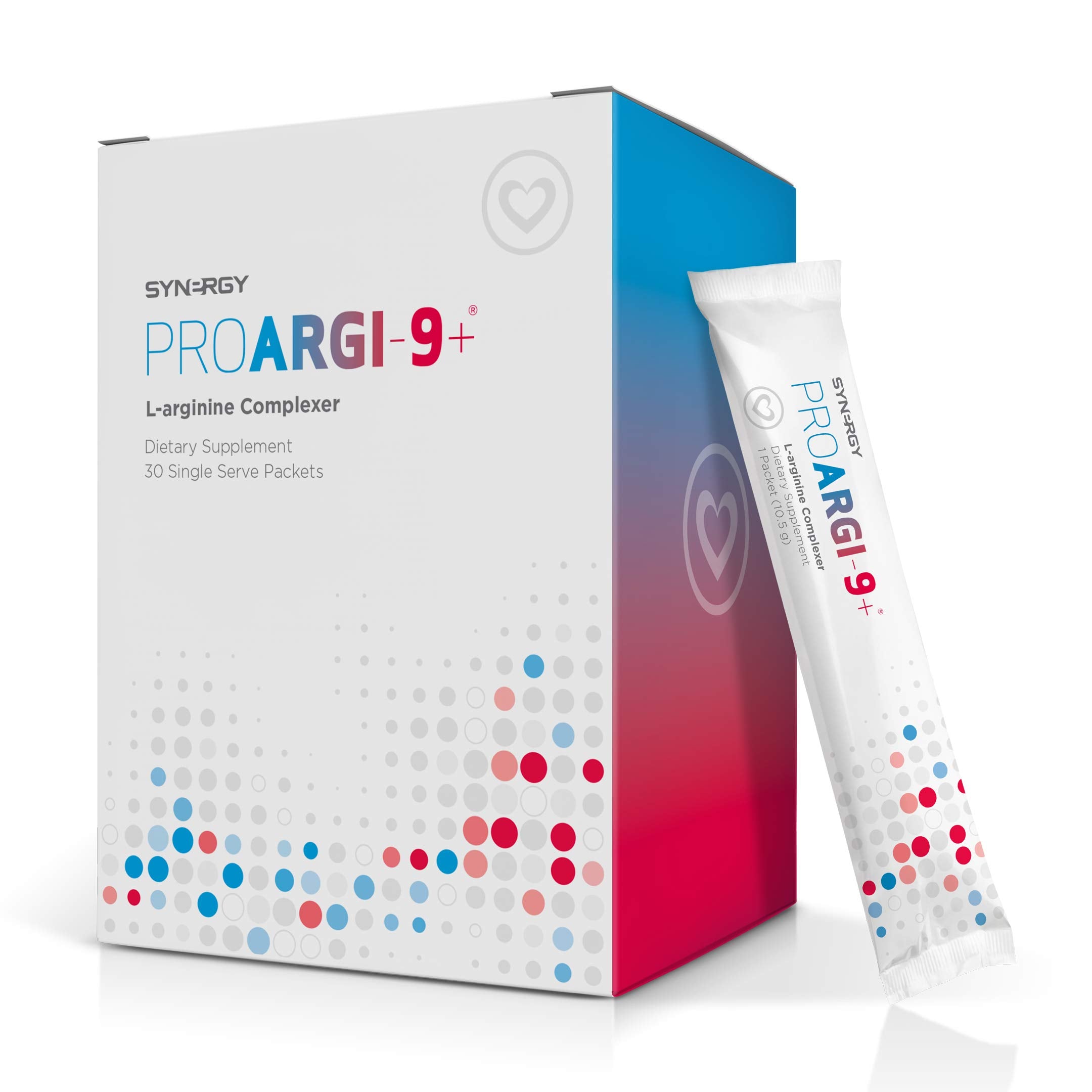 Synergy ProArgi-9 Plus frente del empaque mostrando 30 sobres y conveniencia