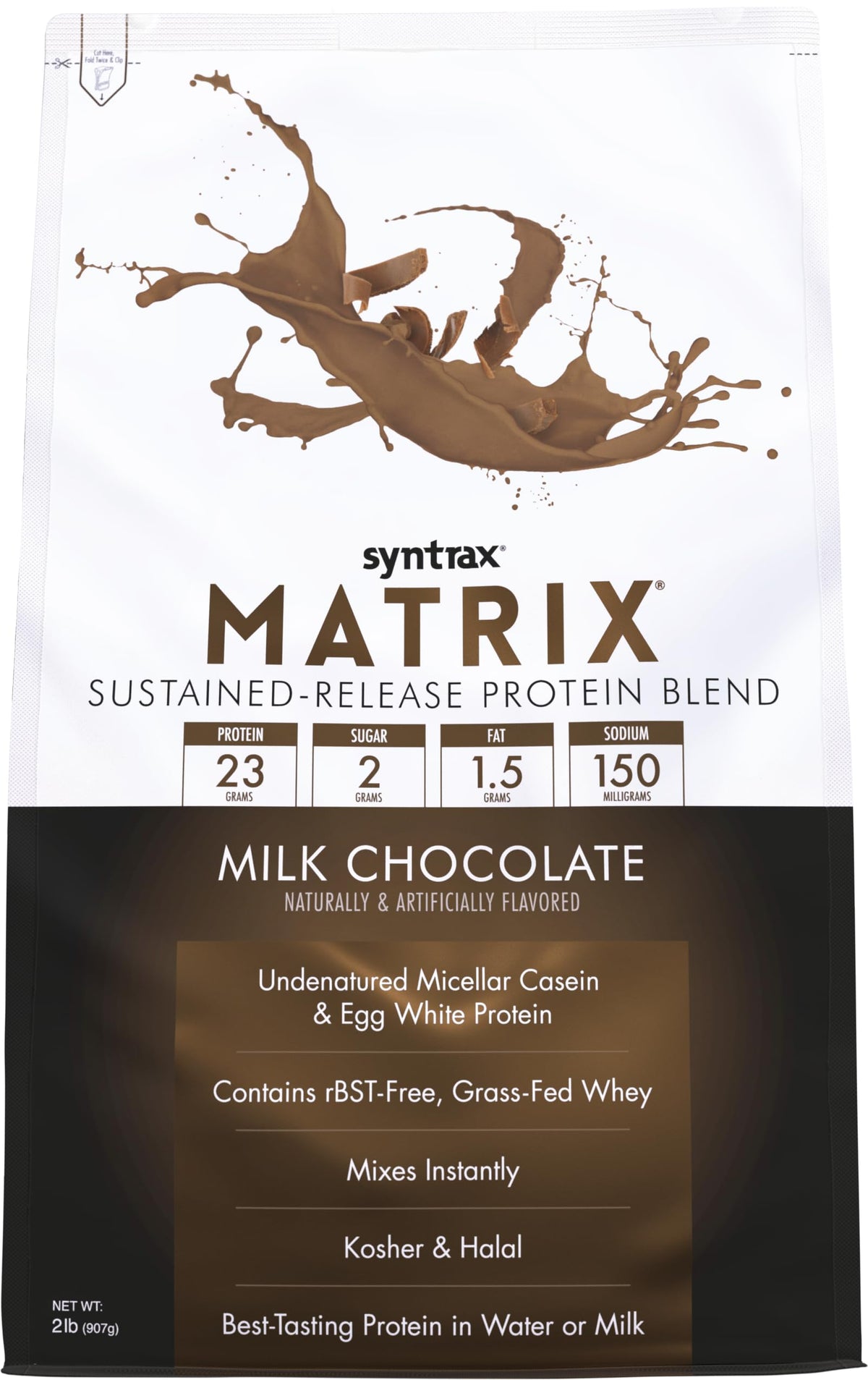 Syntrax Matrix frasco frontal mostrando etiqueta y tamaño 5 lb, conveniencia visual