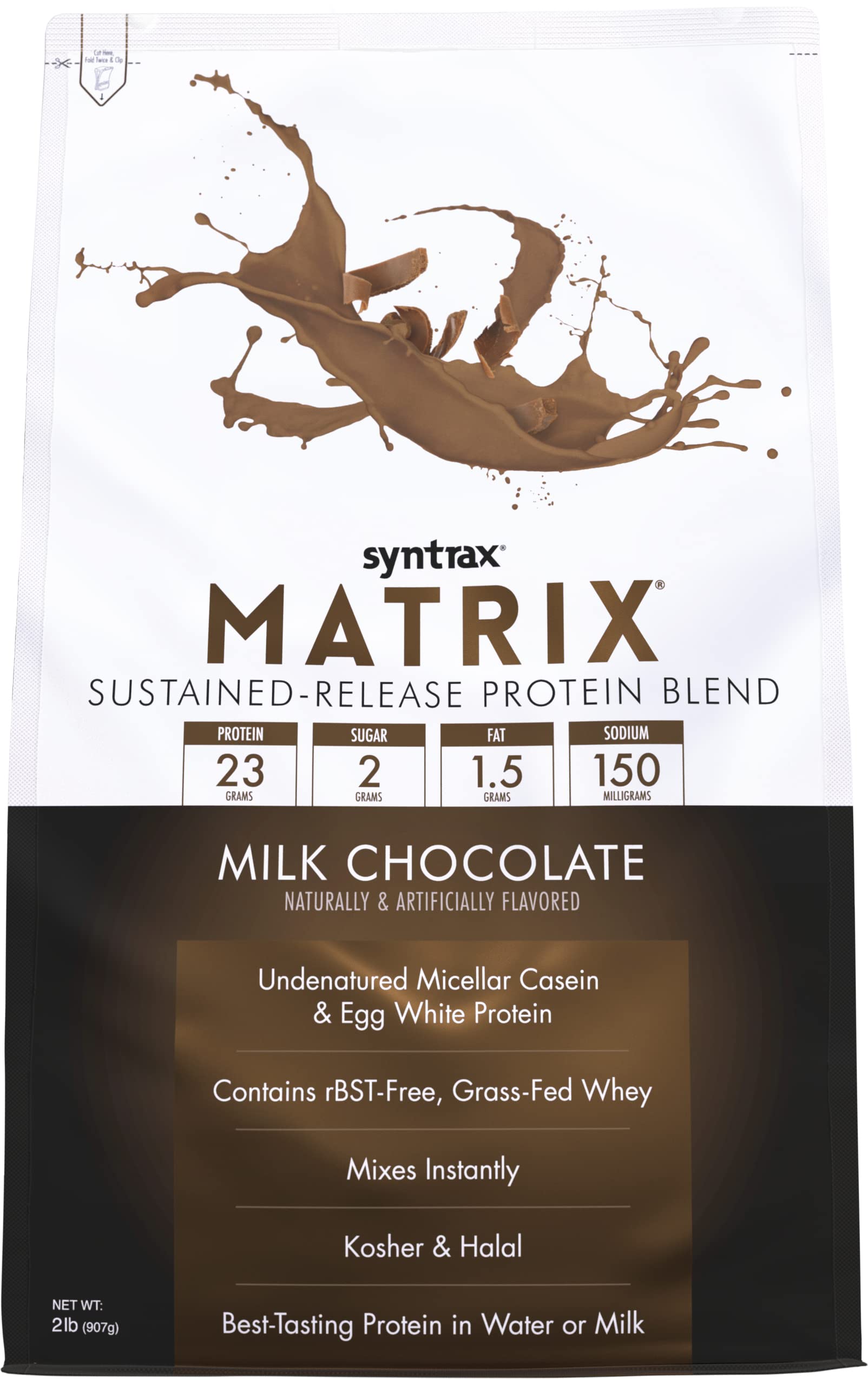 Syntrax Matrix envase frontal sabor milk chocolate mostrando etiqueta y beneficios