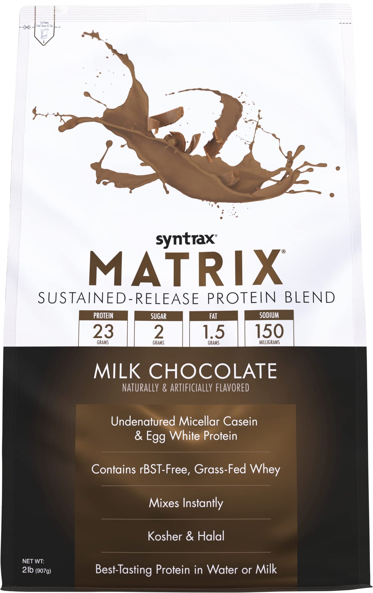 Syntrax Matrix envase frontal sabor milk chocolate mostrando etiqueta y beneficios
