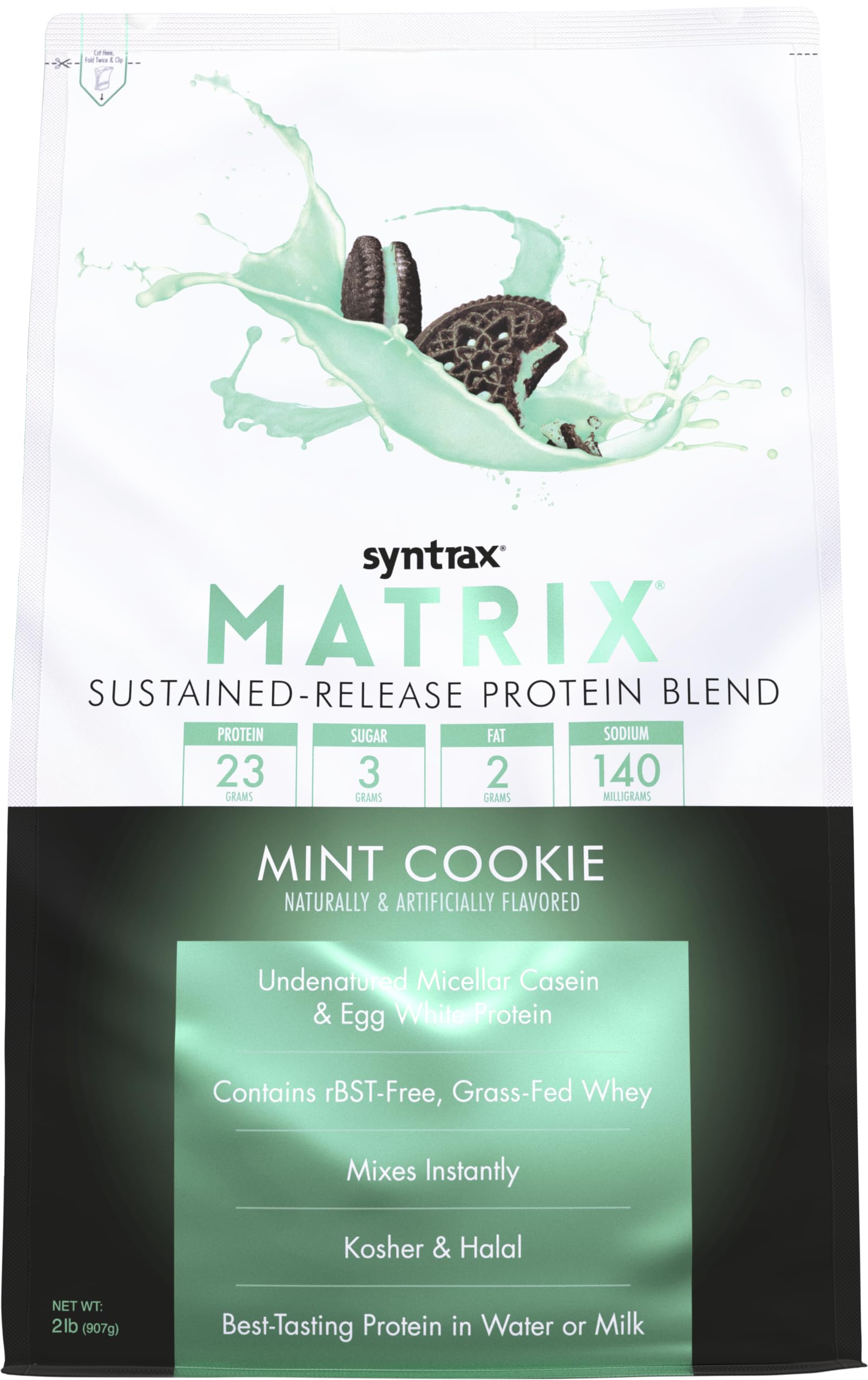 Syntrax Matrix envase frontal mostrando el sabor Mint Cookie y beneficios de liberación sostenida