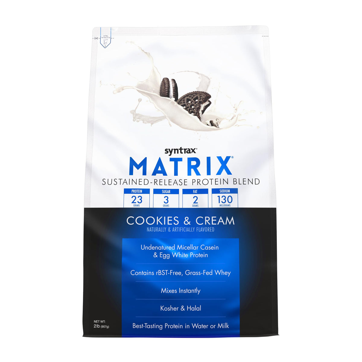 Syntrax Matrix frente del envase mostrando etiqueta y 2 lb, atractivo visual y confianza