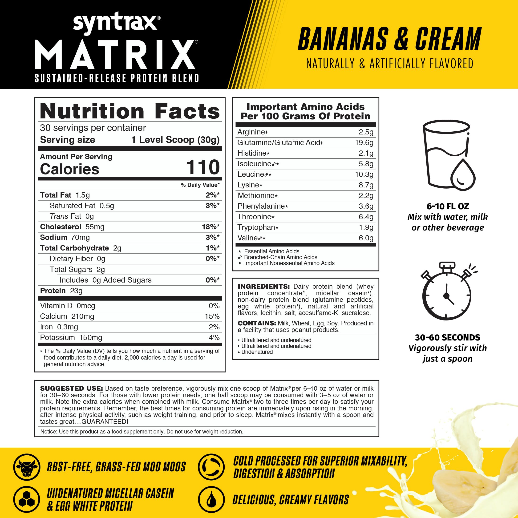 Vaso con Syntrax Matrix Bananas & Cream mezcla cremosa listo para beber