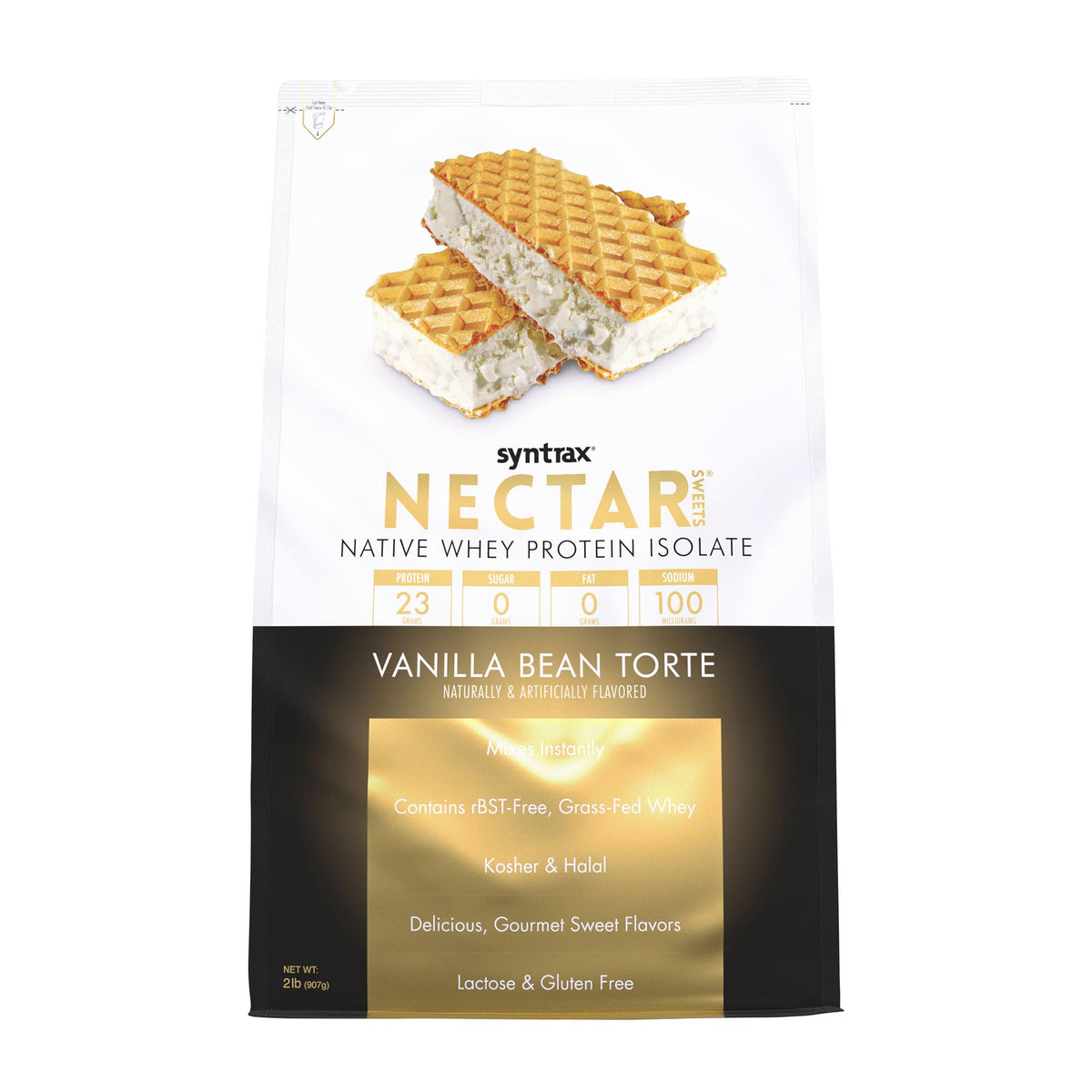 Syntrax Nectar Sweets envase frontal con etiqueta clara y beneficio de proteína pura