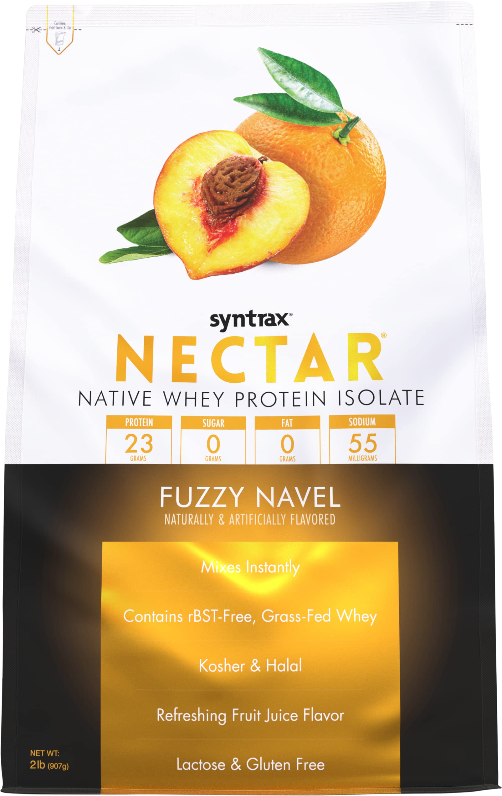 Syntrax Nectar Fuzzy Navel envase frontal mostrando la etiqueta y beneficio sabor intenso