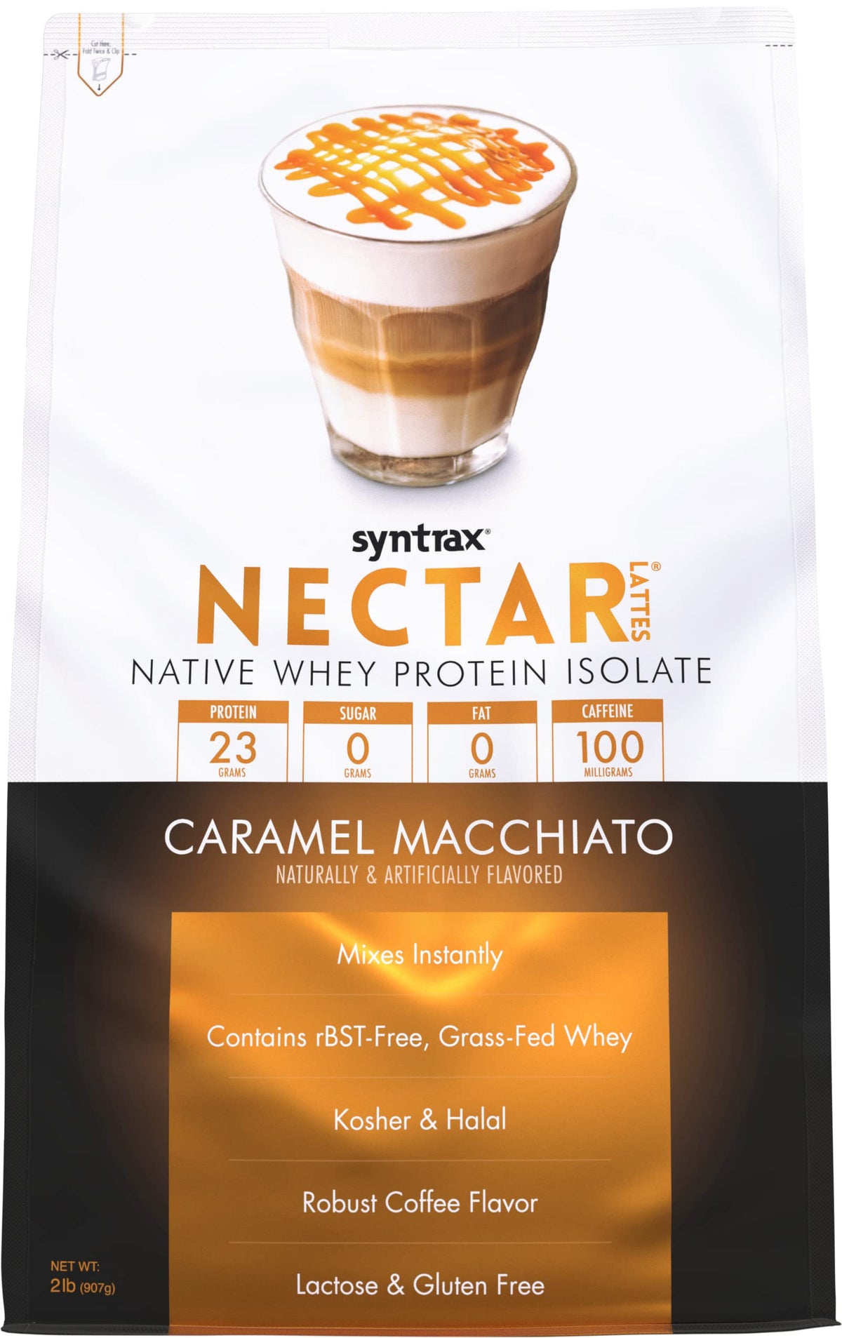 Syntrax Nectar Lattes frente del envase mostrando etiquetado y tamaño