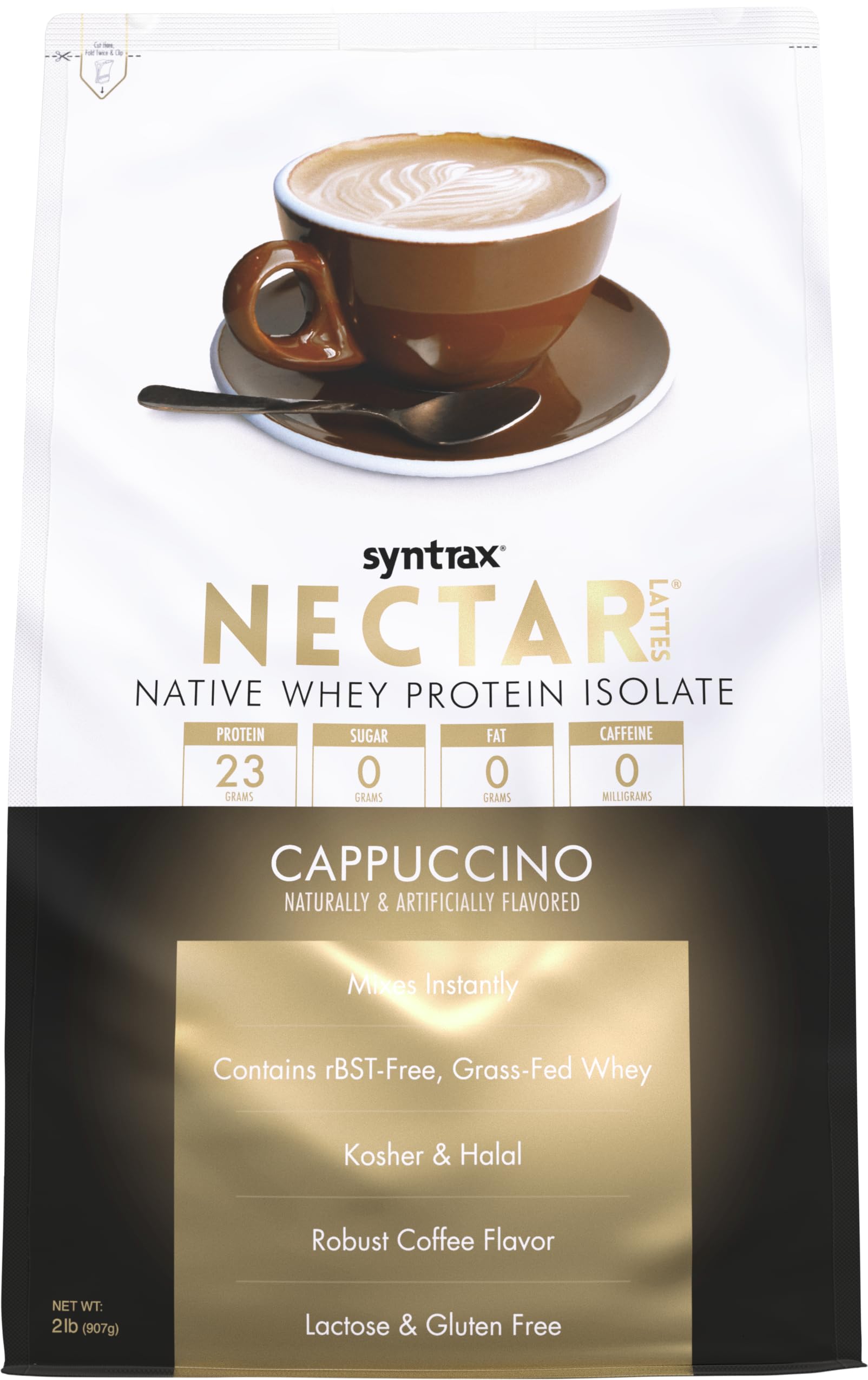 Syntrax Nectar Lattes frente del envase mostrando sello de aislado y beneficios