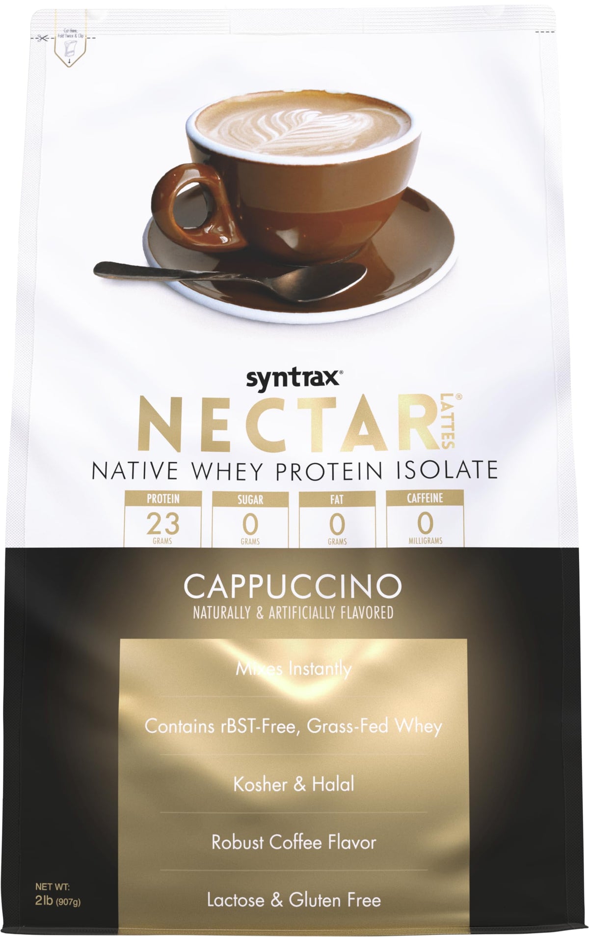 Syntrax Nectar Lattes frente del envase mostrando sello de aislado y beneficios