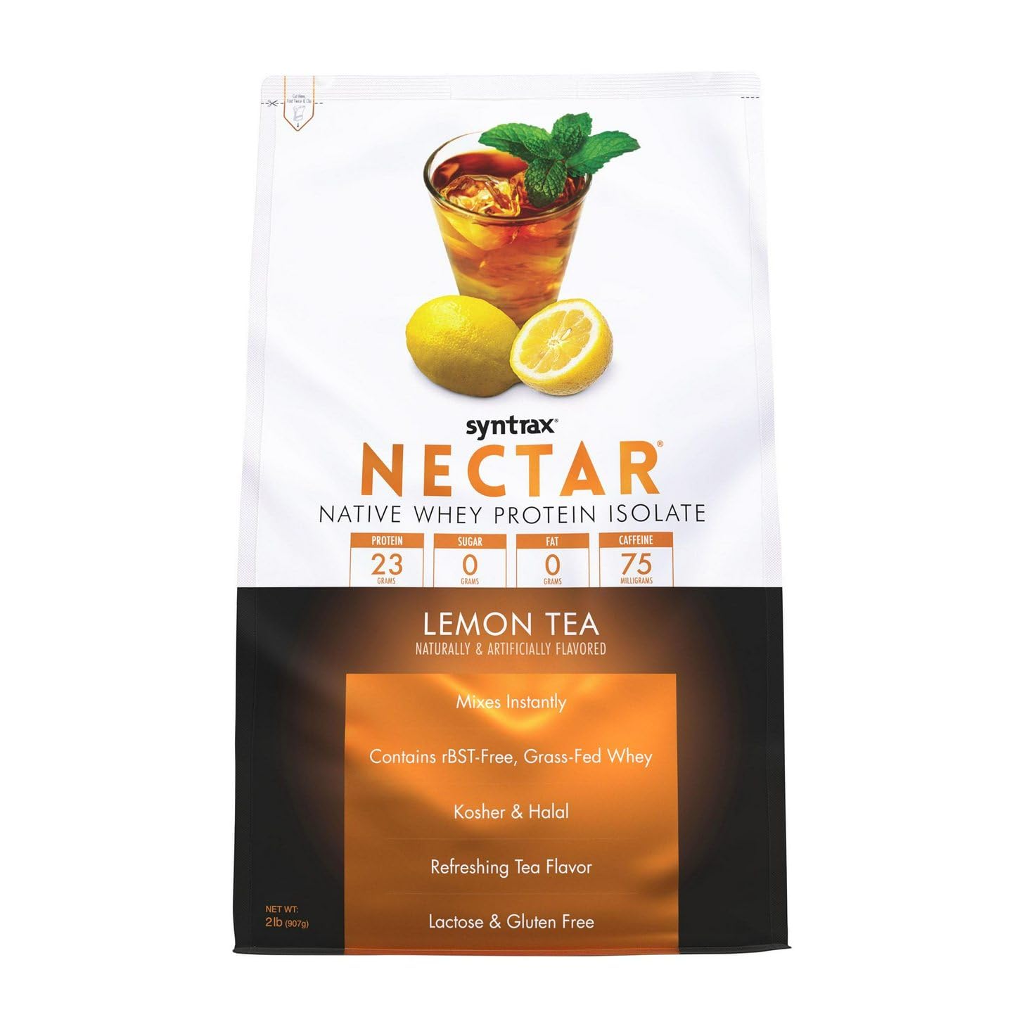 Syntrax Nectar Lemon Tea envase frontal mostrando etiqueta y beneficio sin azúcares
