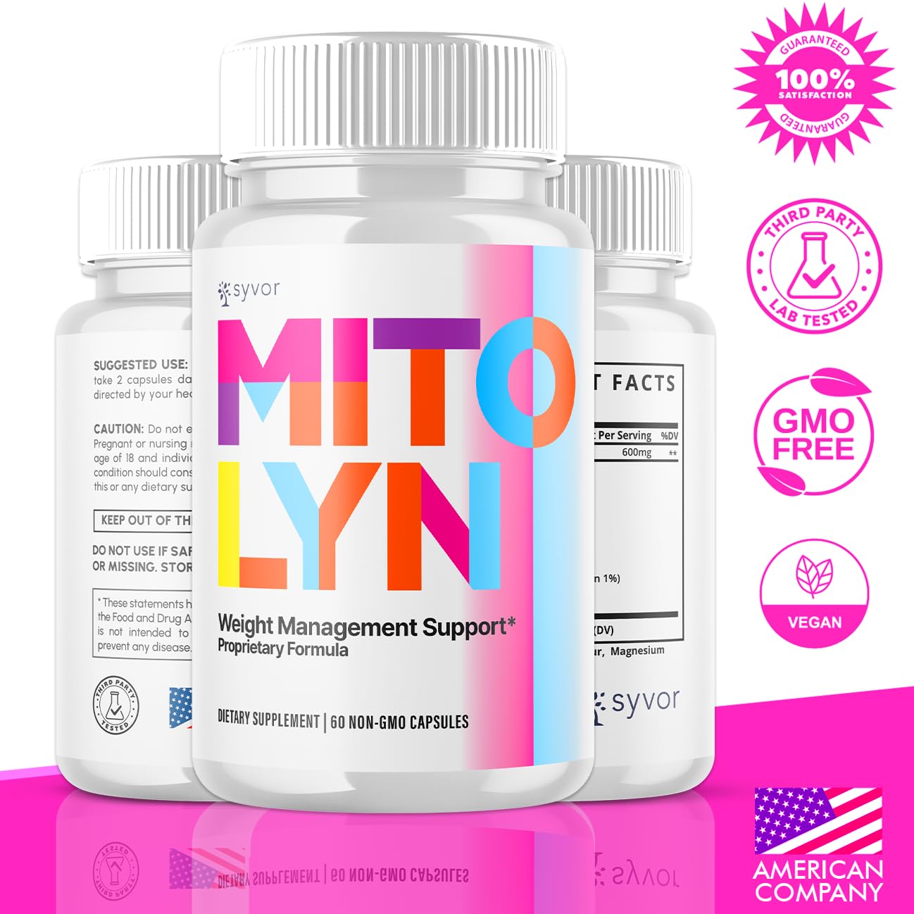 Syvor Mitolyn cápsulas apiladas enfatizando facilidad de consumo