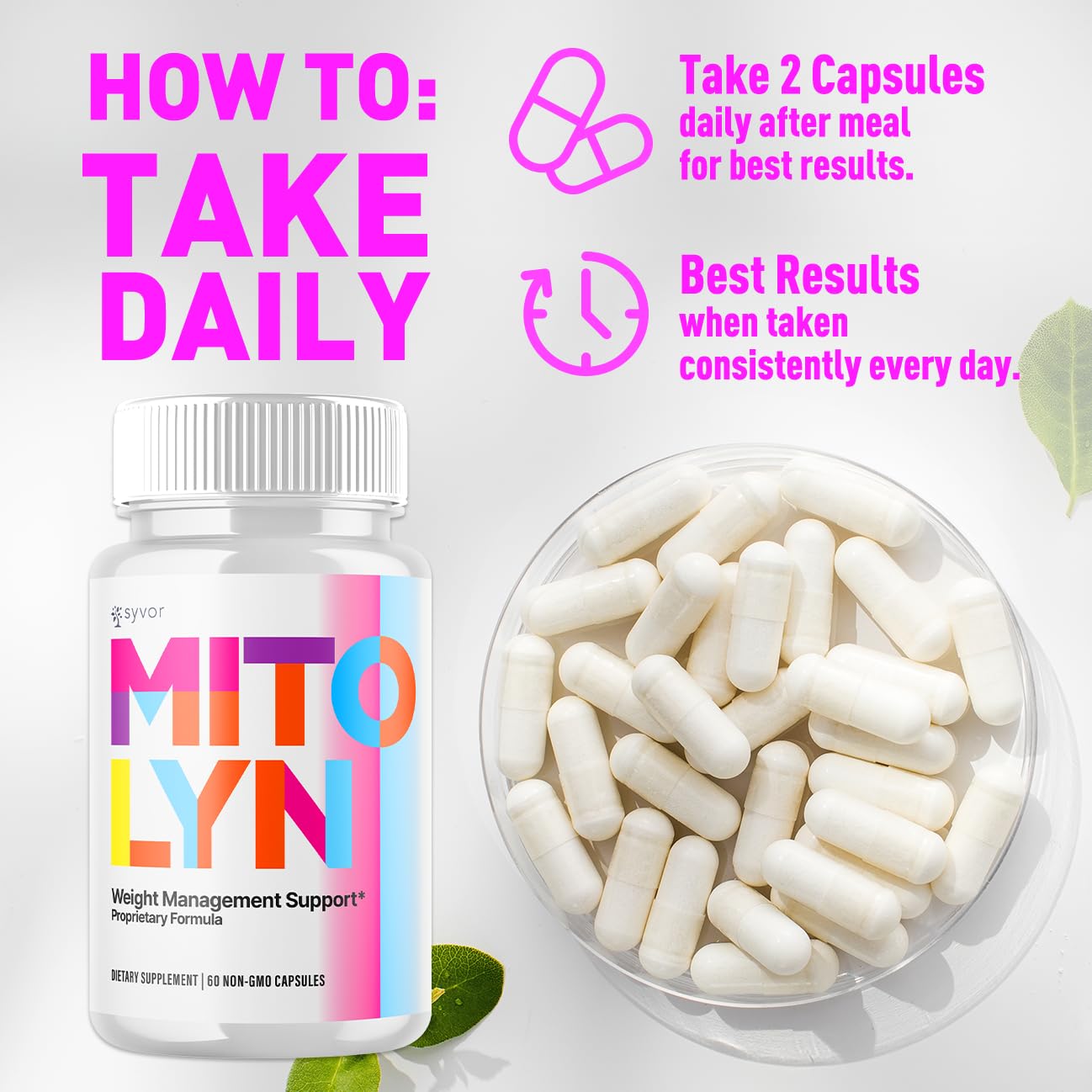 Syvor Mitolyn etiqueta nutricional visible para tranquilizar calidad