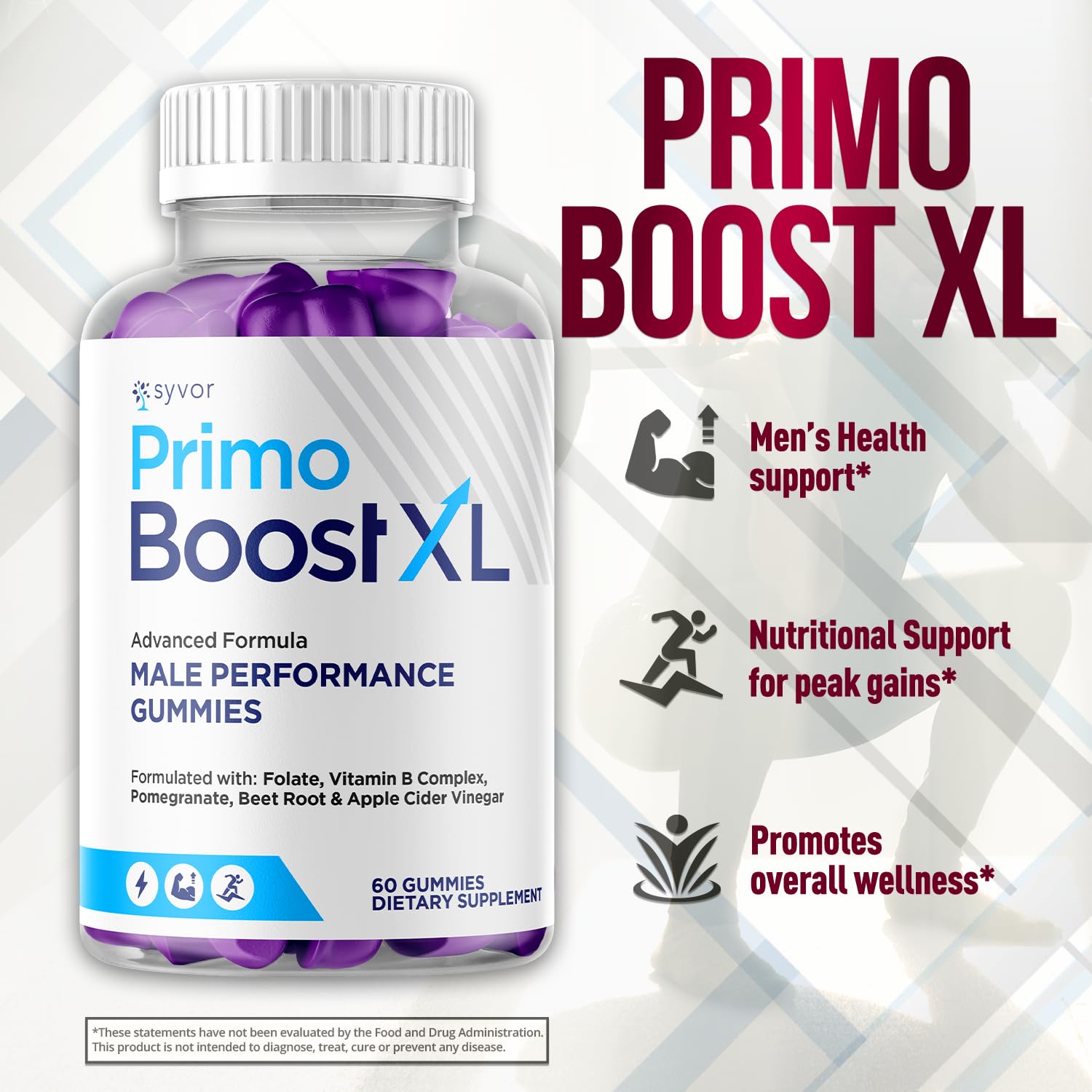 Syvor Primo Boost XL varias gomitas extendidas indicando cantidad por porción