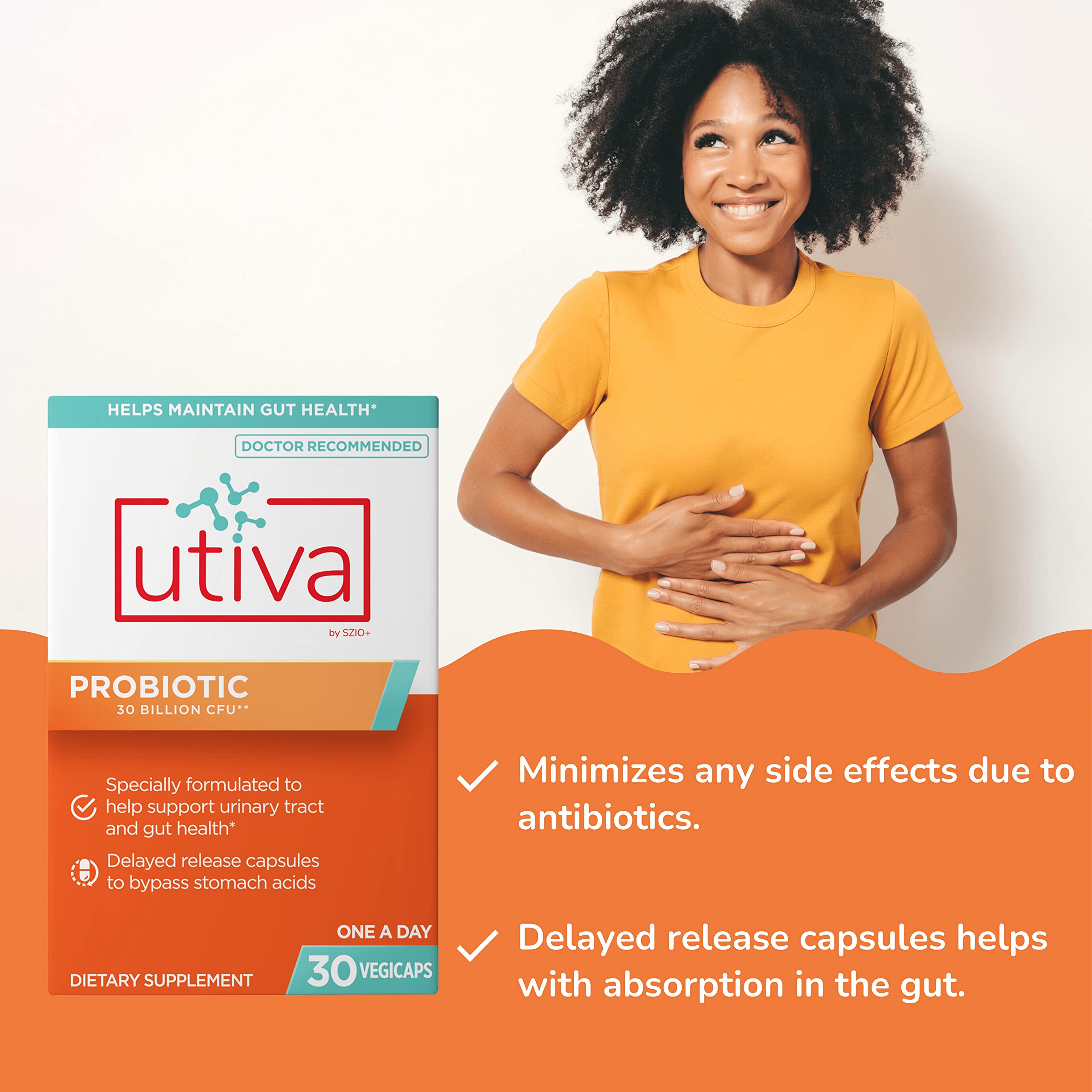 Szio+ Utiva Probiotic cápsula junto a un vaso de agua para uso diario práctico