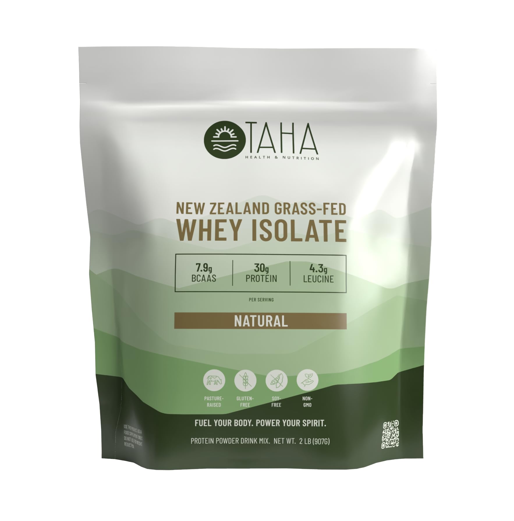 Taha Health & Nutrition envase frontal sin sabor mostrando beneficio proteína limpia