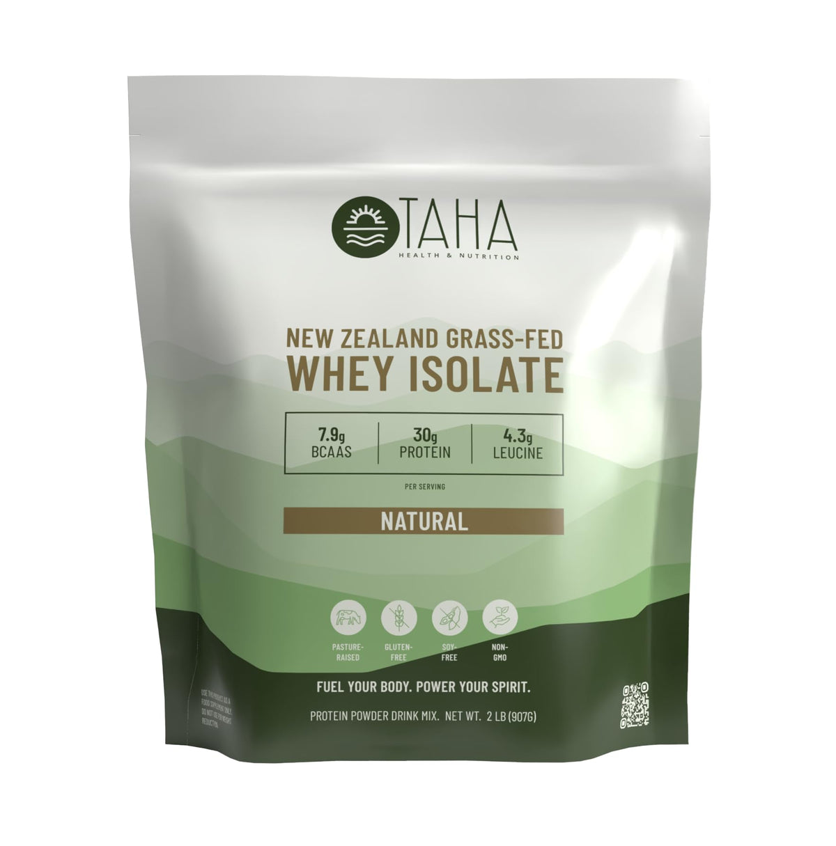 Taha Health & Nutrition envase frontal sin sabor mostrando beneficio proteína limpia