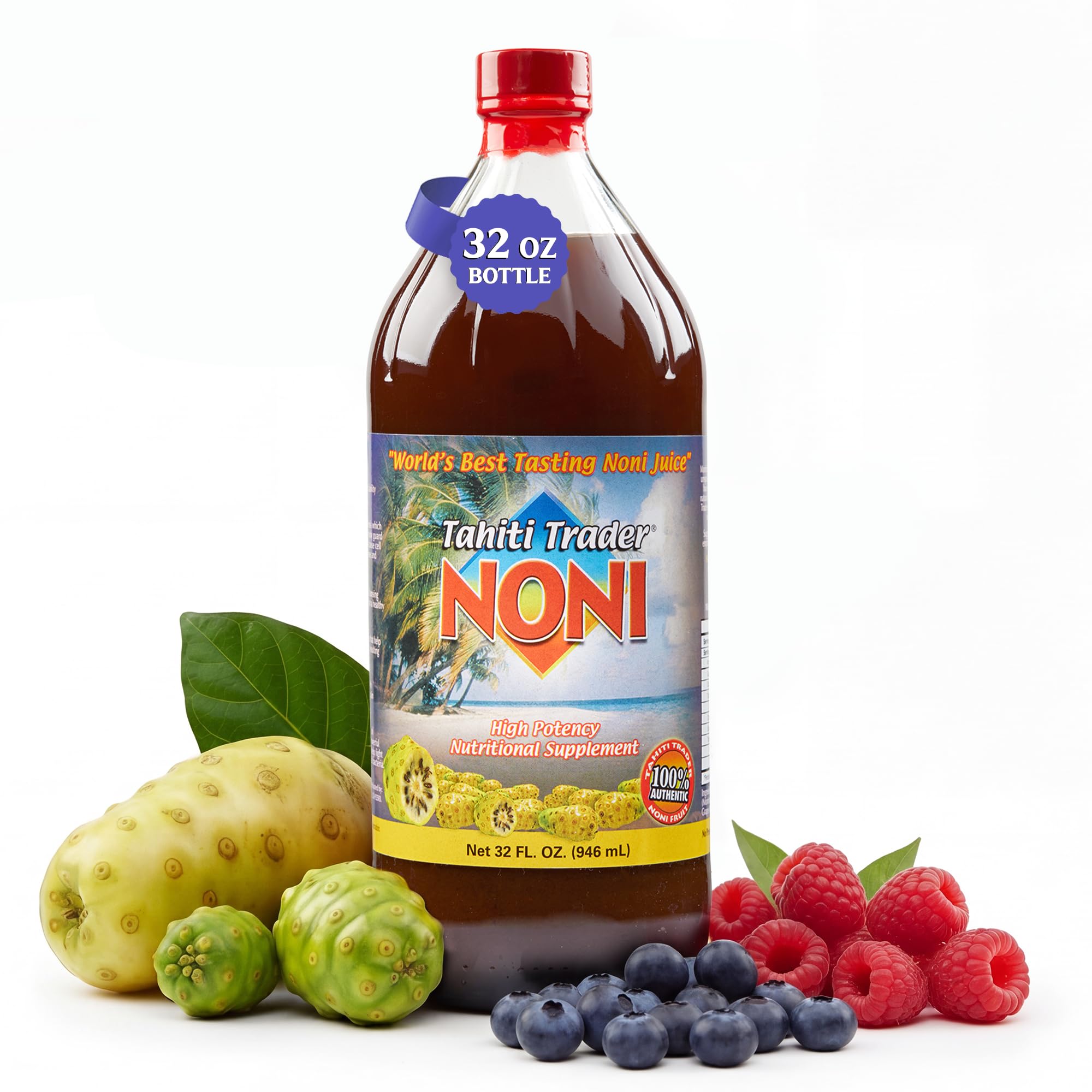 Tahiti Trader frente del envase mostrando la botella y beneficios