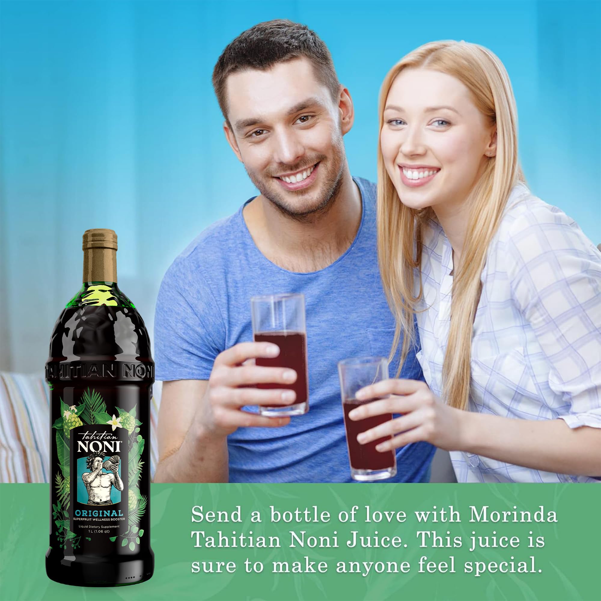 Tahitian Noni botella en mano para comparar tamaño y facilidad de uso