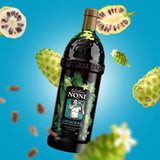 Tahitian Noni etiqueta con información del producto y procesos