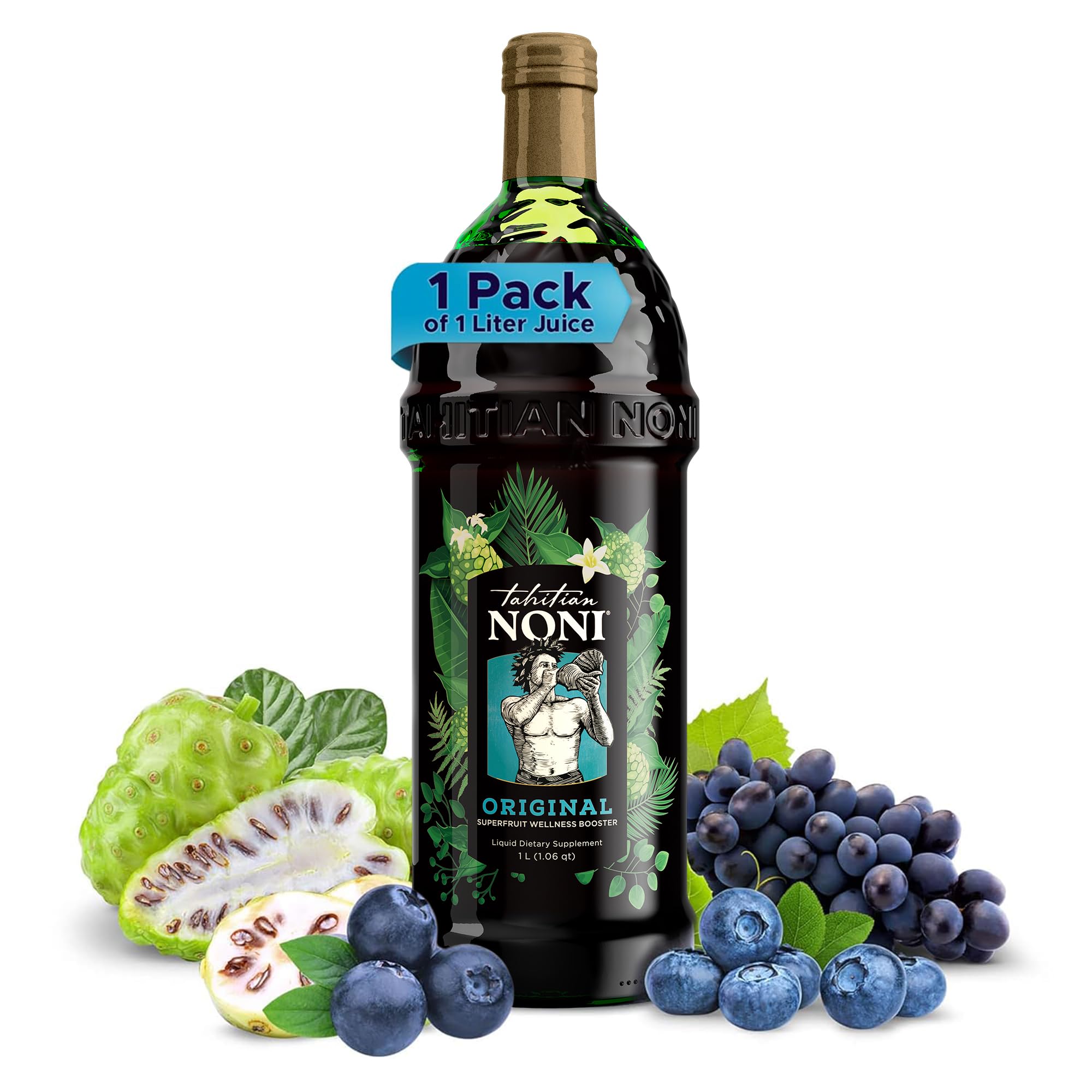 Tahitian Noni botella 1L vista frontal que muestra presentación y volumen