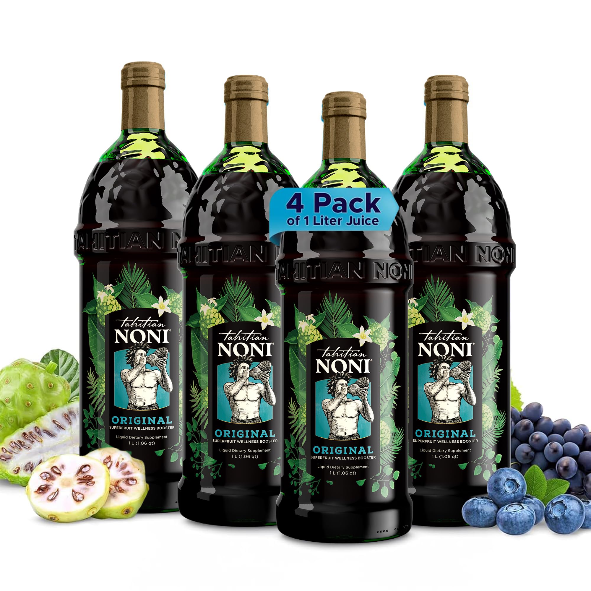 Tahitian Noni pack de cuatro botellas 1L mostrando empaque práctico
