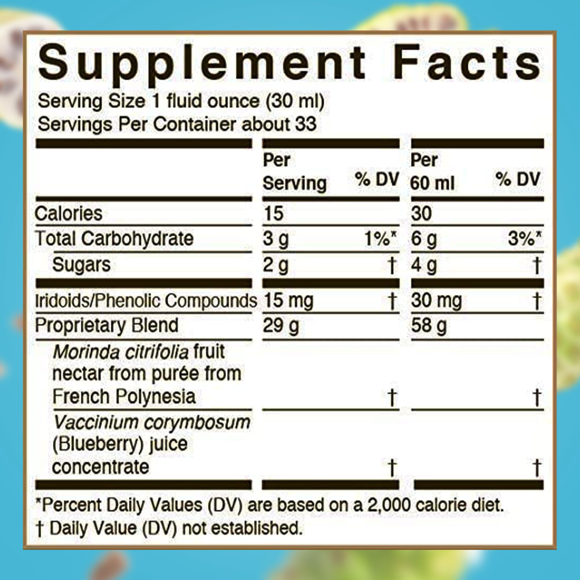 Tahitian Noni frutas e ingredientes colocados mostrando origen y blend