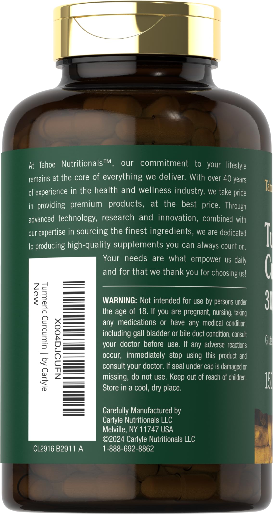Tahoe Nutritionals polvo de cúrcuma y cápsula abierta mostrando textura