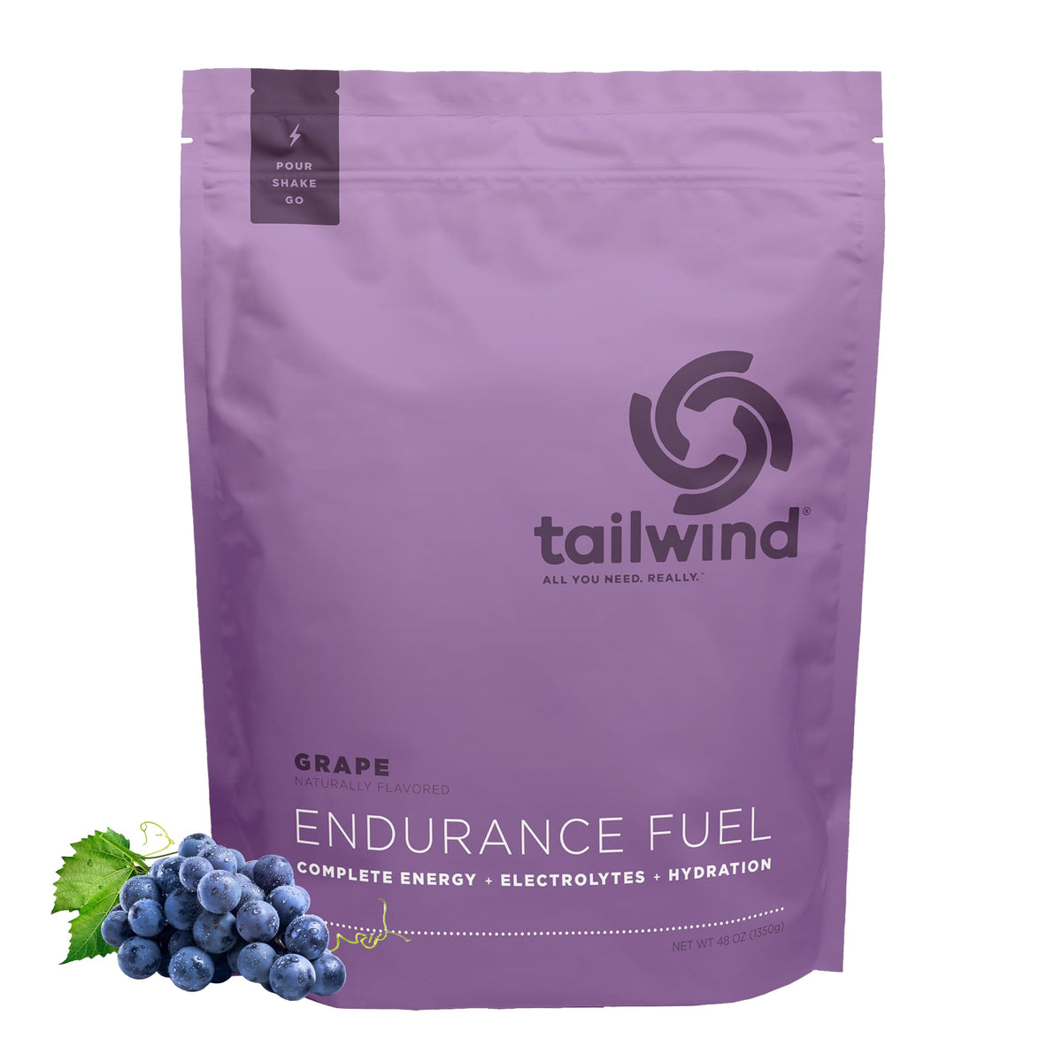 Tailwind Nutrition envase frontal sabor uva mostrando 50 servicios y beneficios