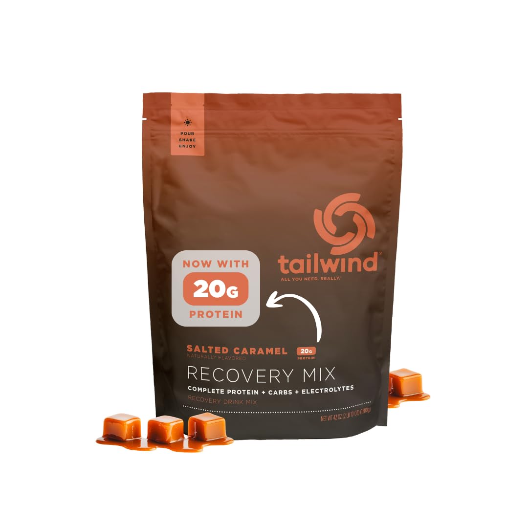 Tailwind Recovery frente del envase mostrando sabor salted caramel y beneficio práctico