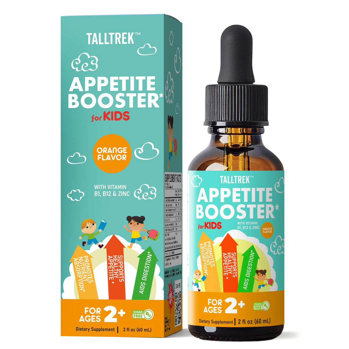 TallTrek frente del envase mostrando 60 ml y sabor naranja, fácil administración