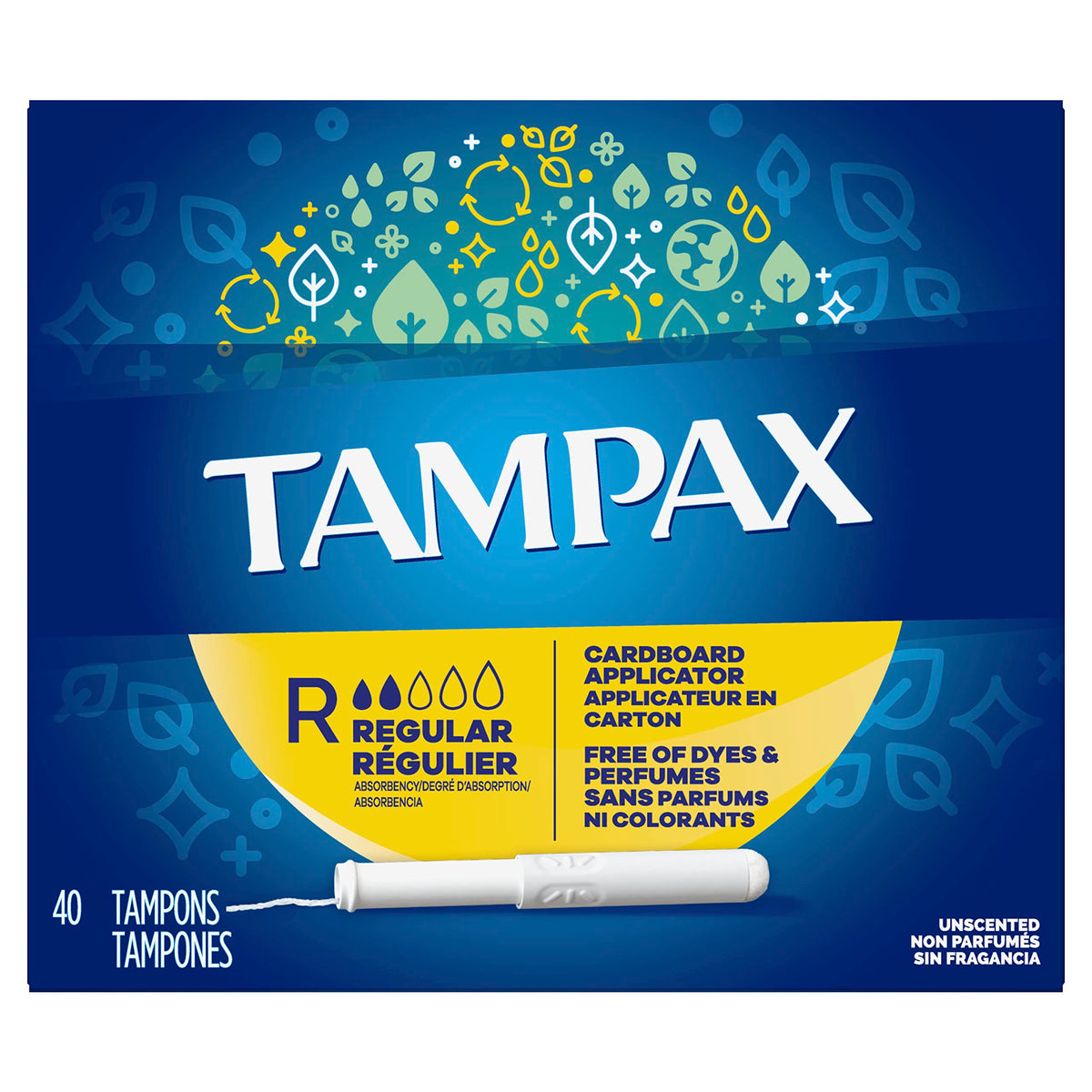 Tampax frontal mostrando paquete de 40 y confianza diaria