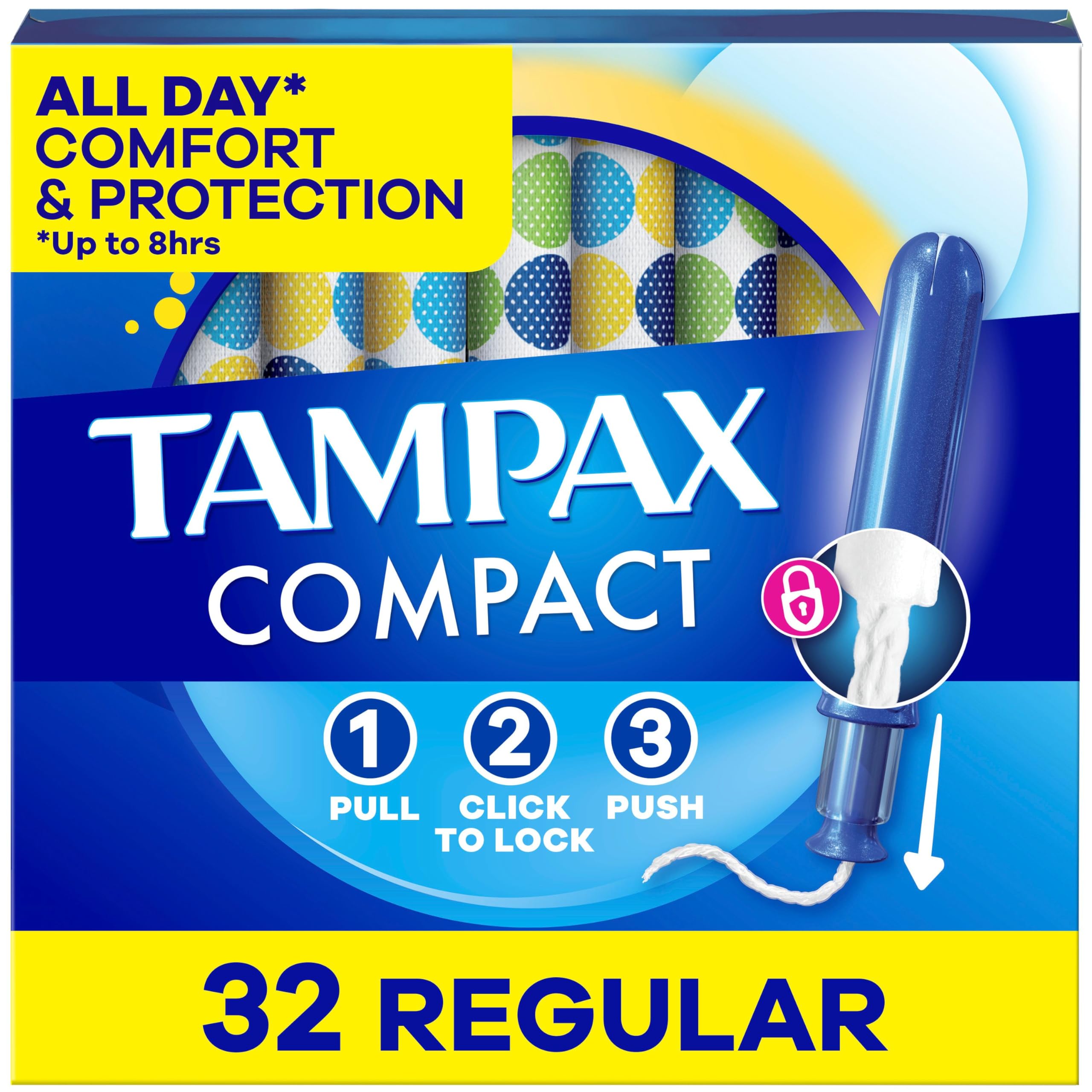 Tampax empaque frontal mostrando 32 unidades y diseño compacto