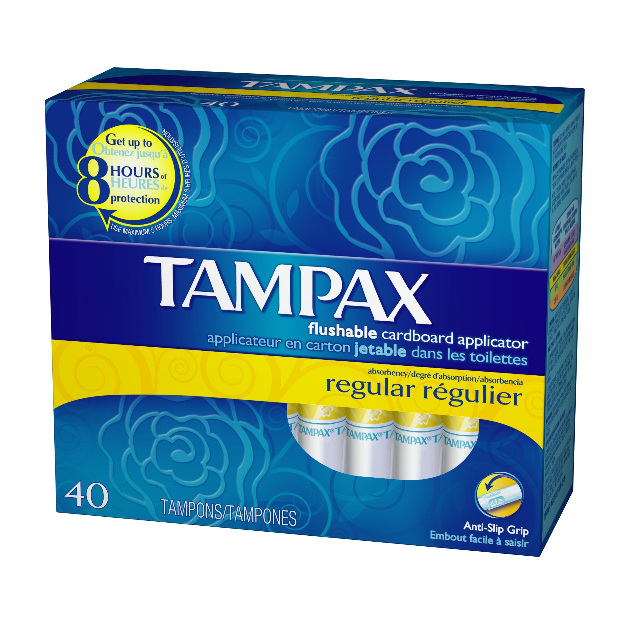 Tampax vista frontal del paquete, ofrece protección diaria y fijación estable