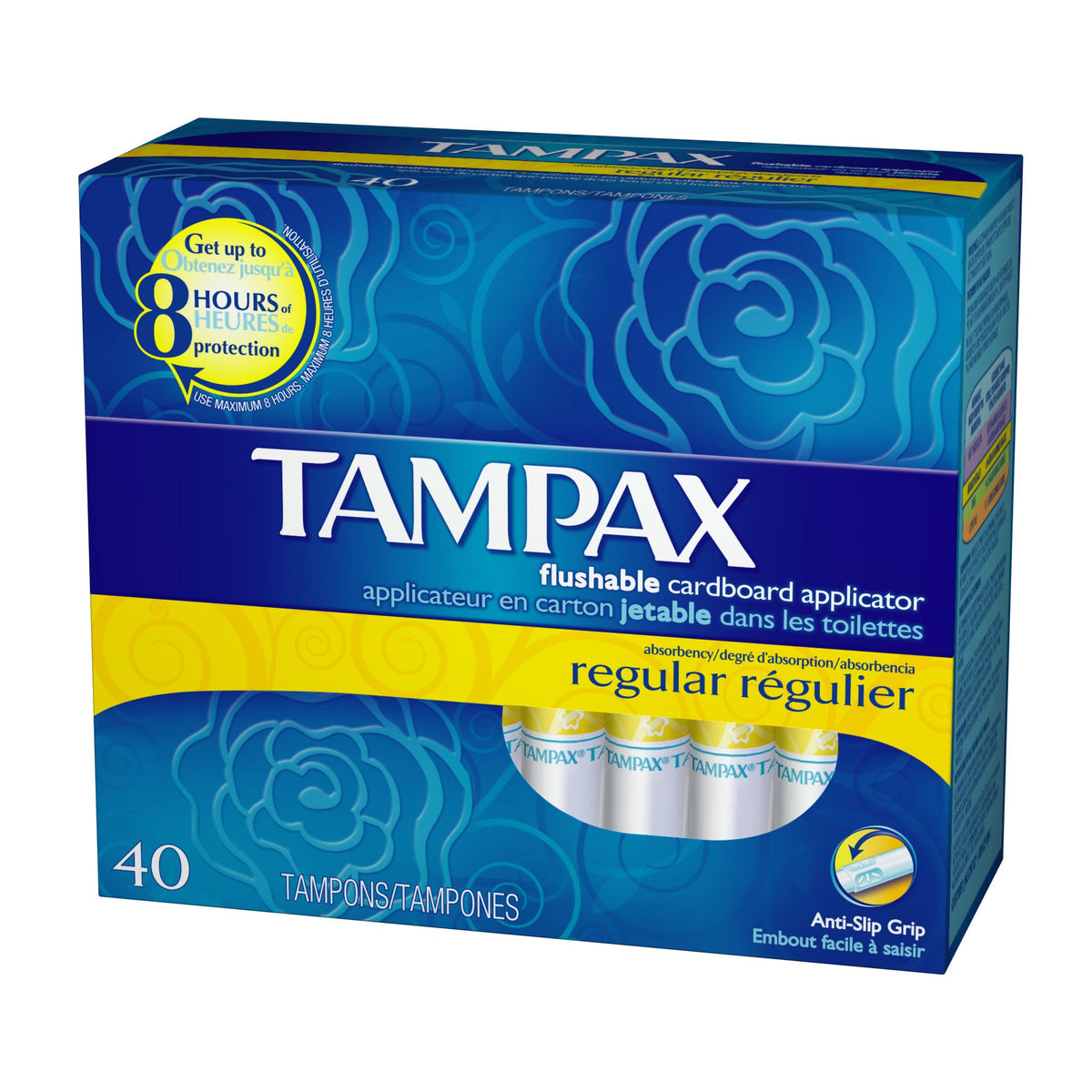 Tampax vista frontal del paquete, ofrece protección diaria y fijación estable