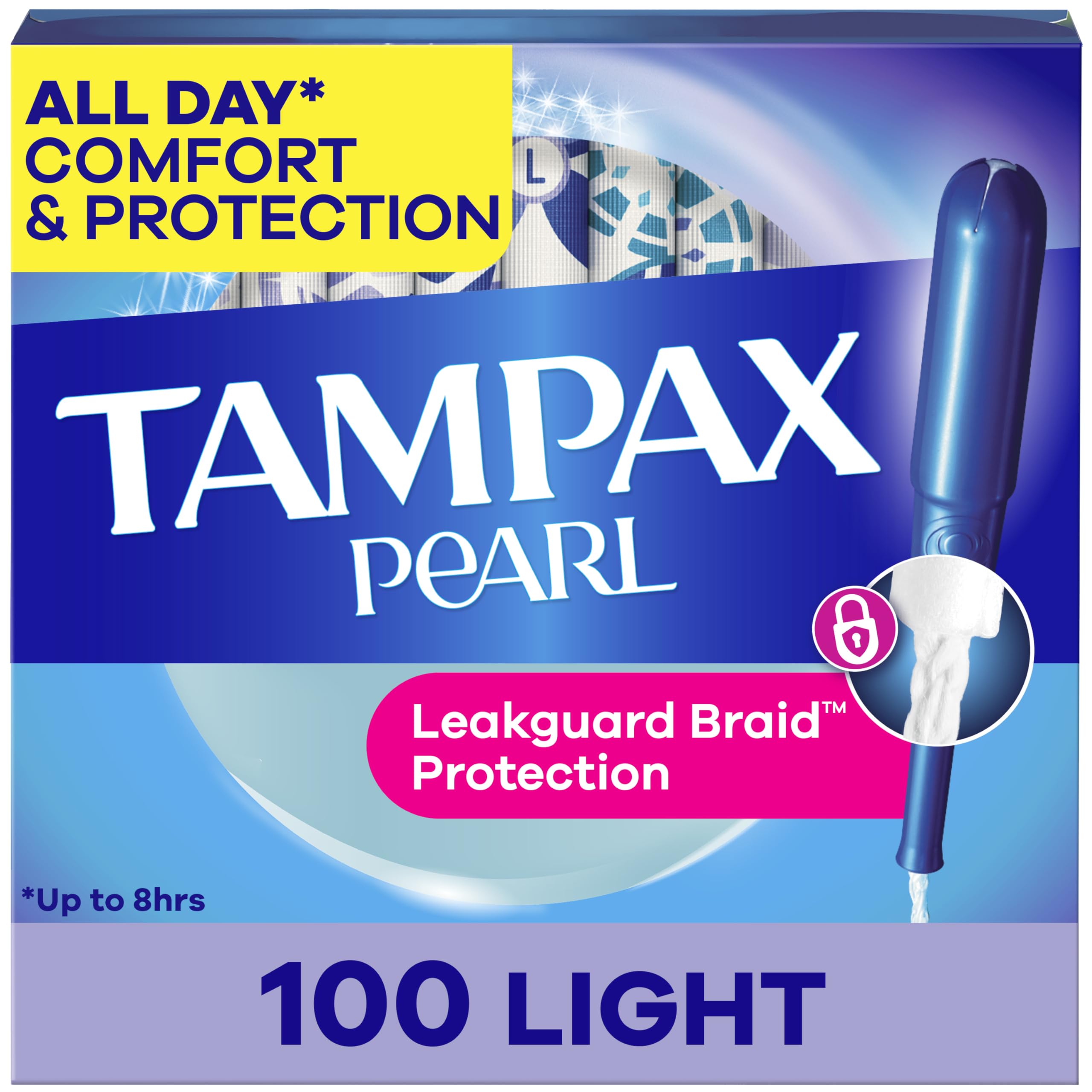 Tampax caja frontal mostrando 100 unidades y beneficio protección