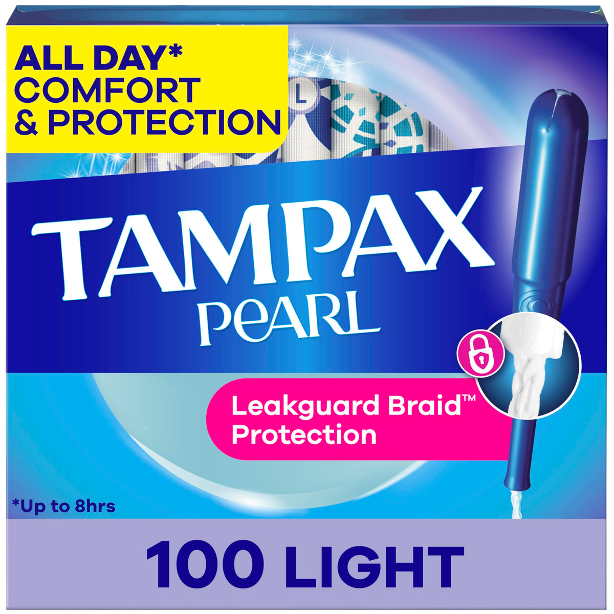 Tampax caja frontal mostrando 100 unidades y beneficio protección