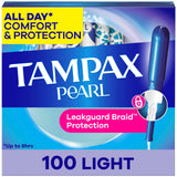 Tampax caja frontal mostrando 100 unidades y beneficio protección