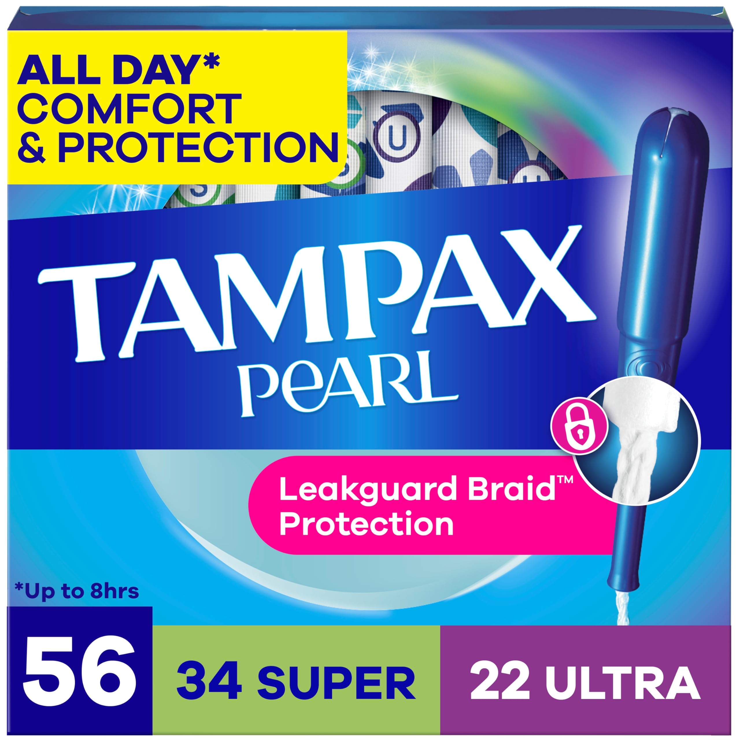 Tampax Pearl frente del empaque mostrando el multipack y cantidad para comodidad prolongada