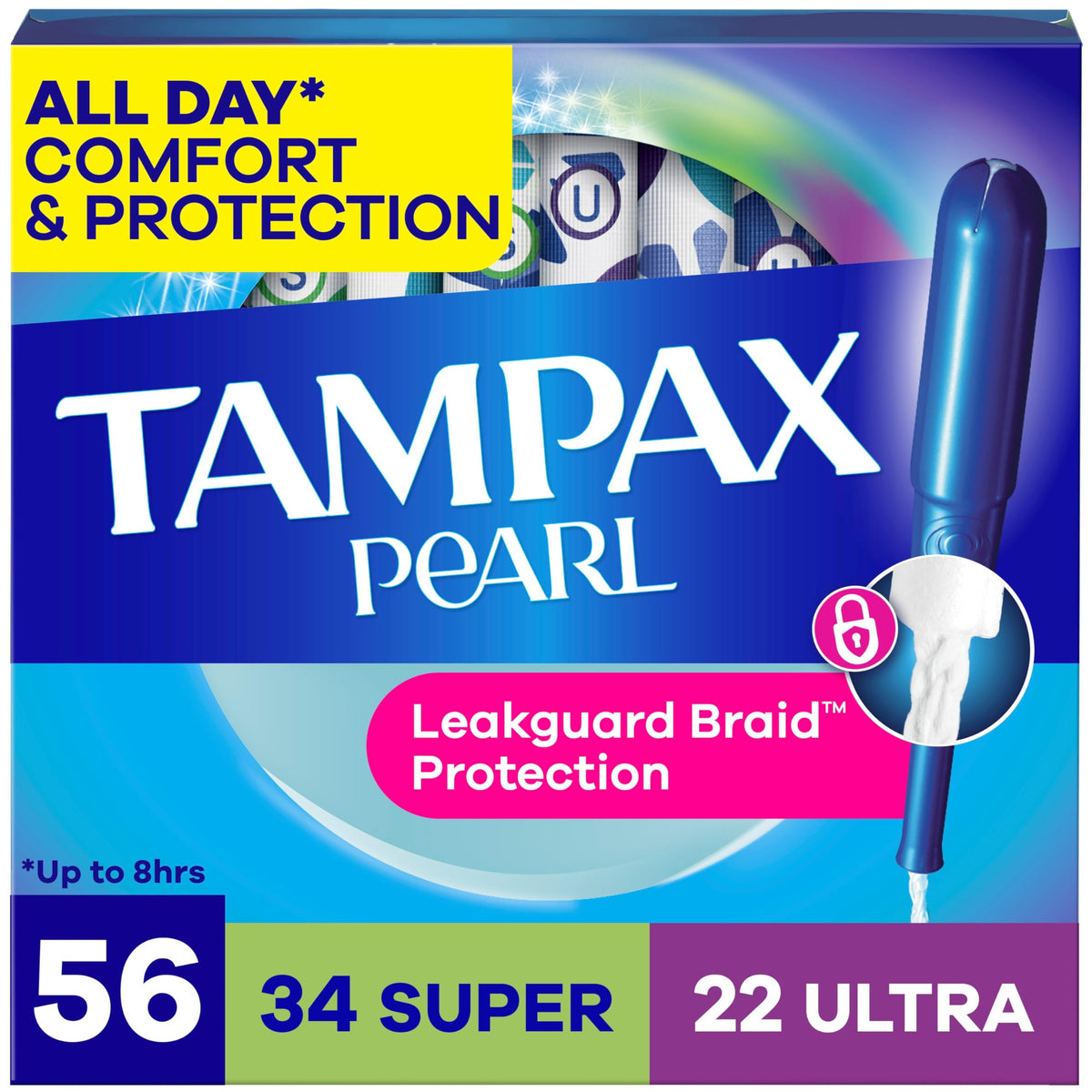 Tampax Pearl frente del empaque mostrando el multipack y cantidad para comodidad prolongada