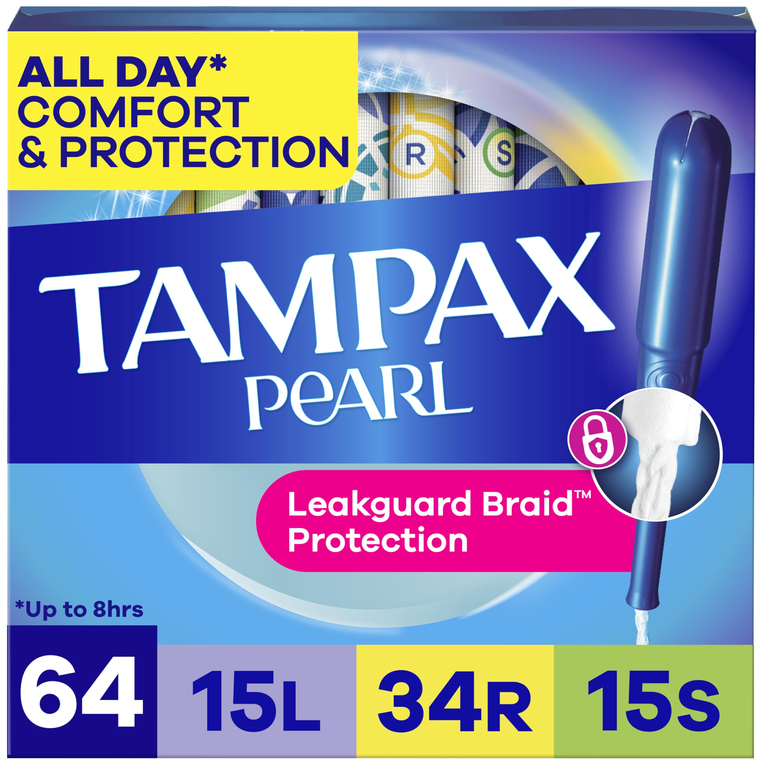 Tampax paquete frontal mostrando 64 unidades y protección prolongada