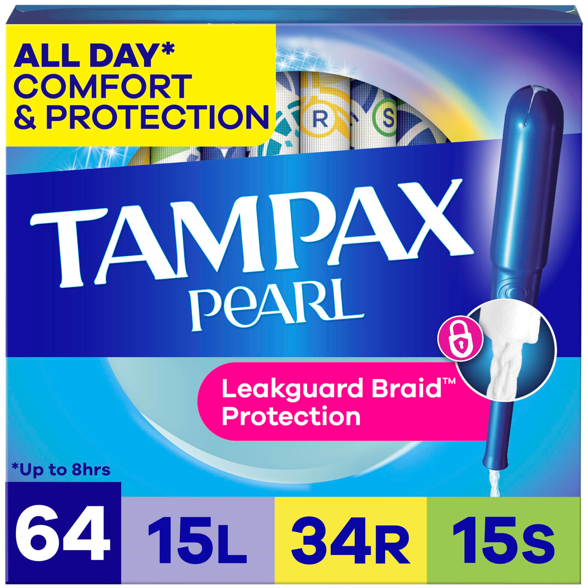 Tampax paquete frontal mostrando 64 unidades y protección prolongada