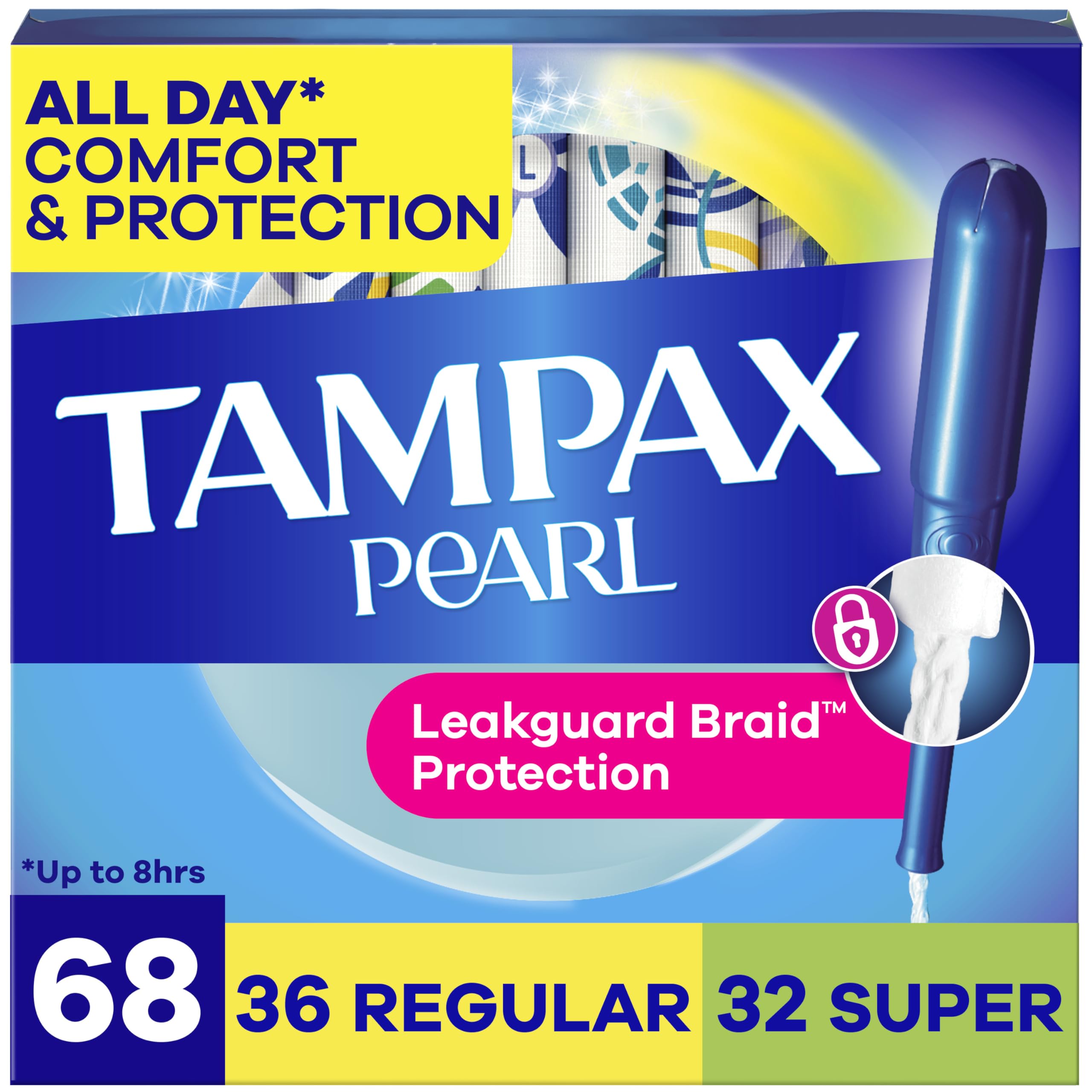 Tampax paquete frente mostrando 68 tampones y multipack, protección fiable