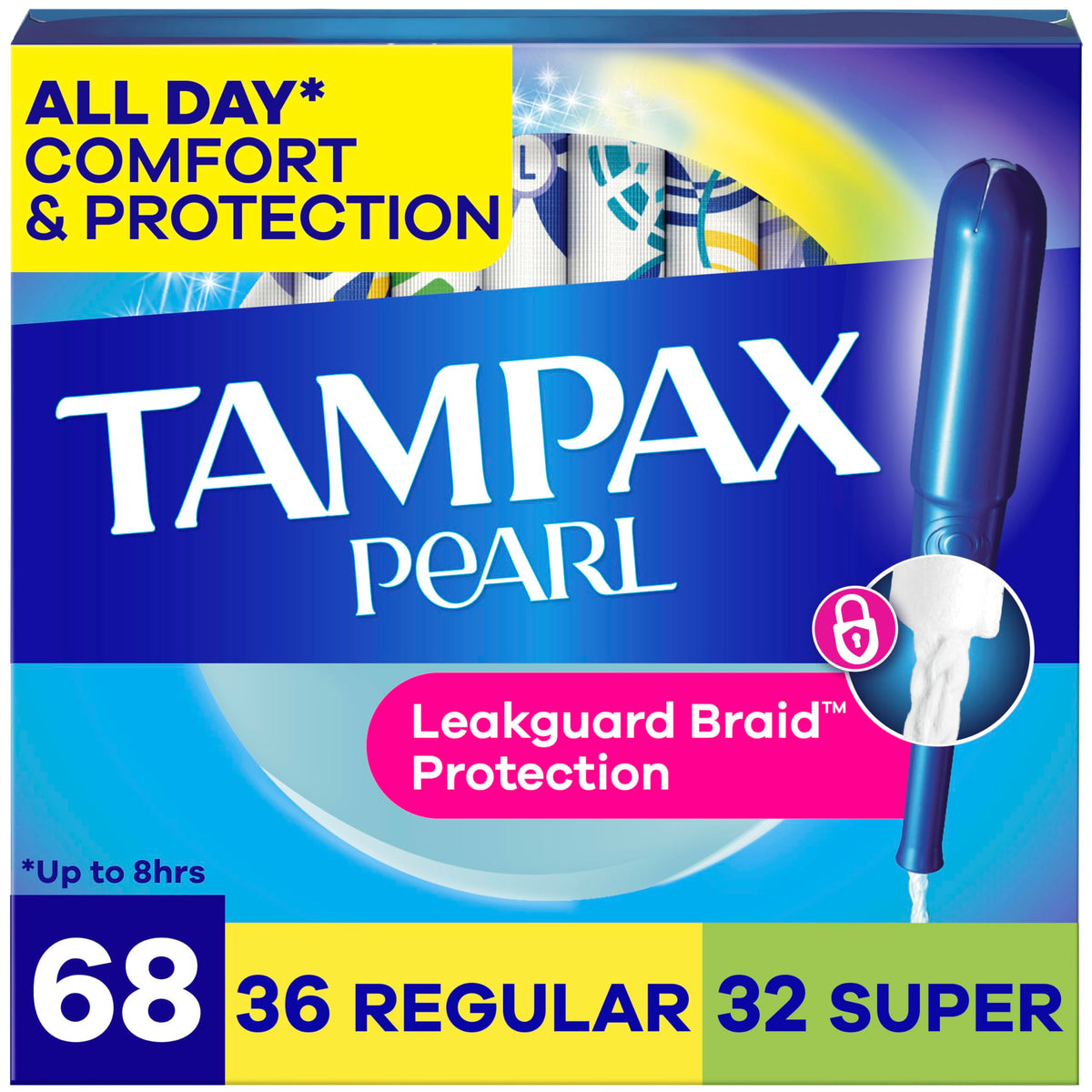 Tampax paquete frente mostrando 68 tampones y multipack, protección fiable