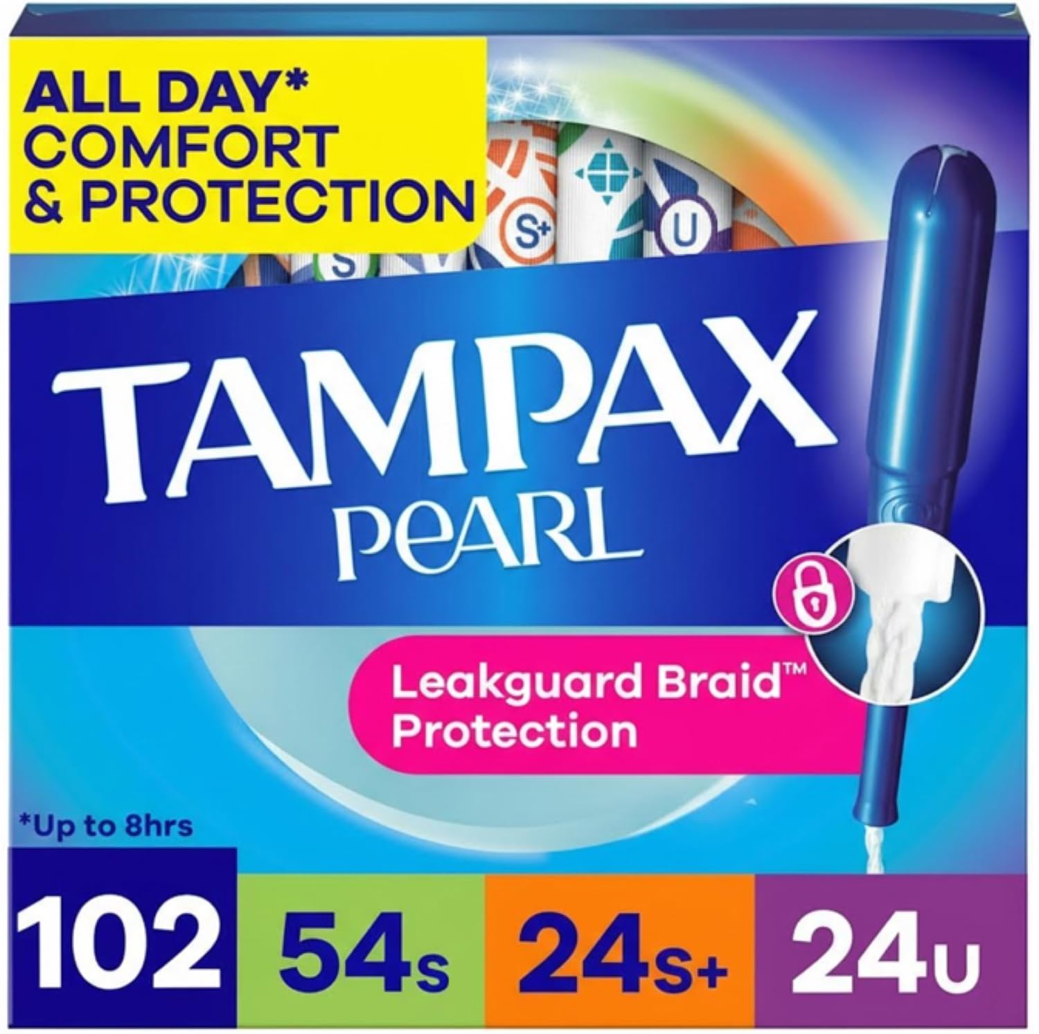 Tampax Pearl frontal del multipack mostrando cantidad y variedad, protección discreta