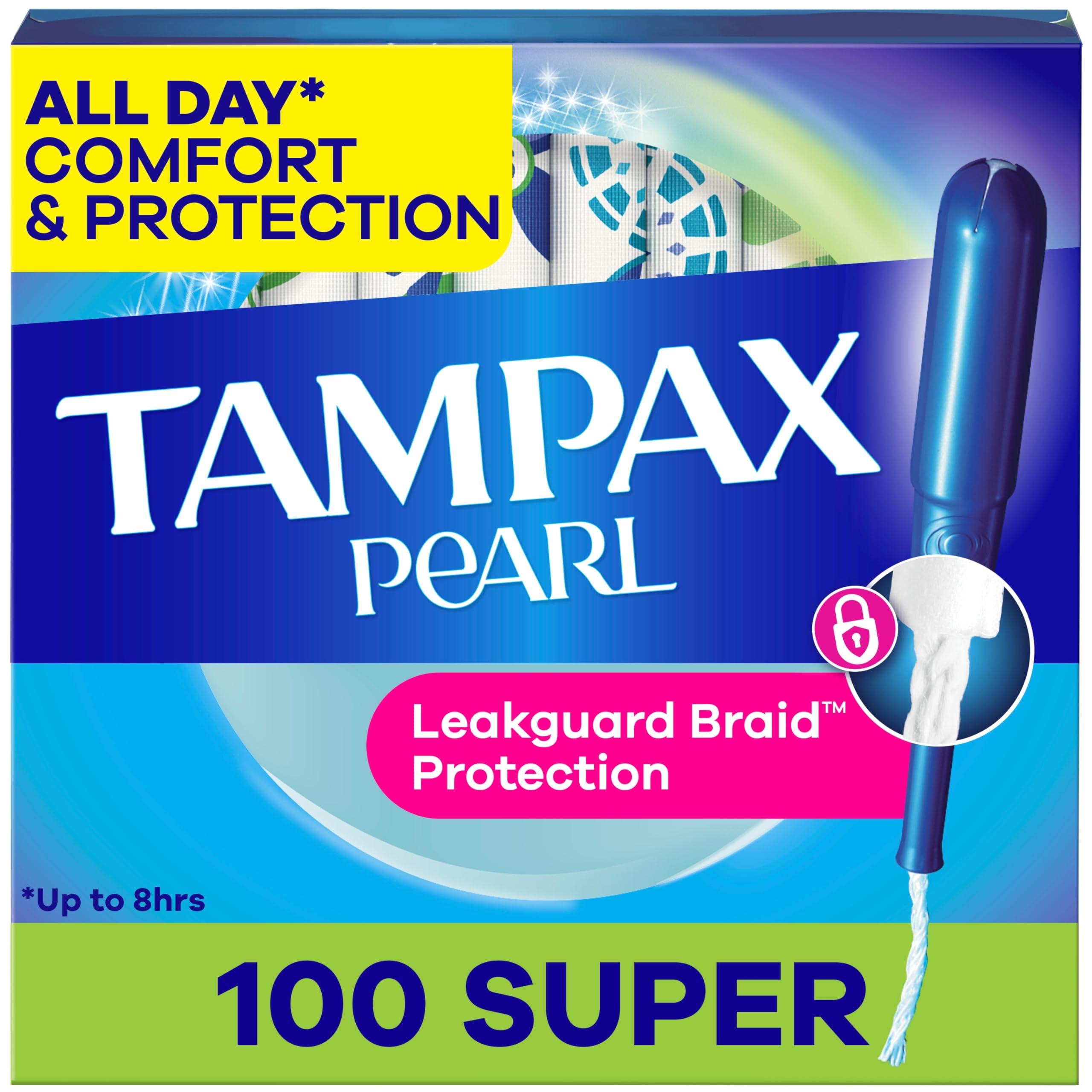 Tampax Pearl frontal del empaque mostrando paquete y beneficio de protección