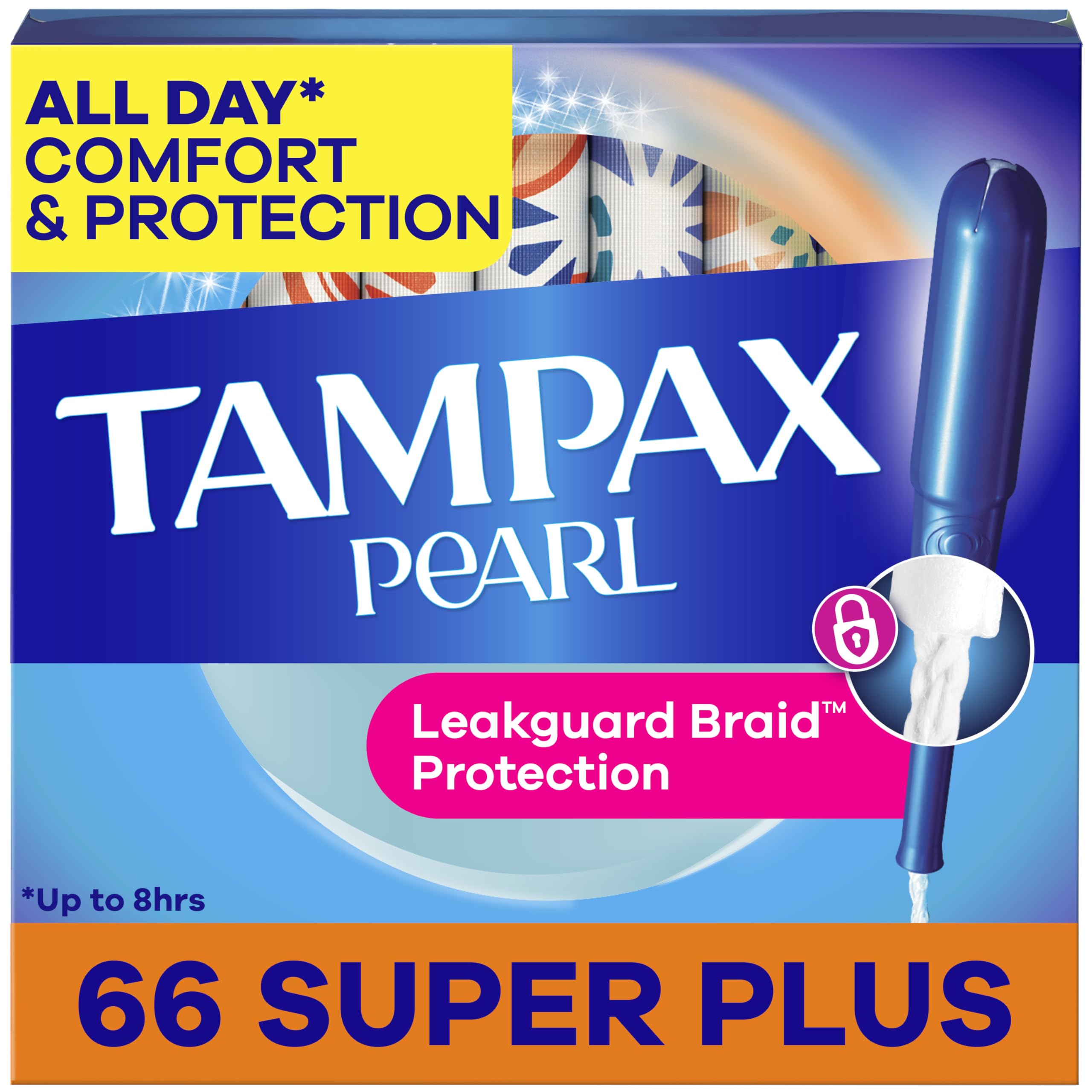 Tampax Pearl frontal del paquete mostrando 66 unidades y ventaja de protección
