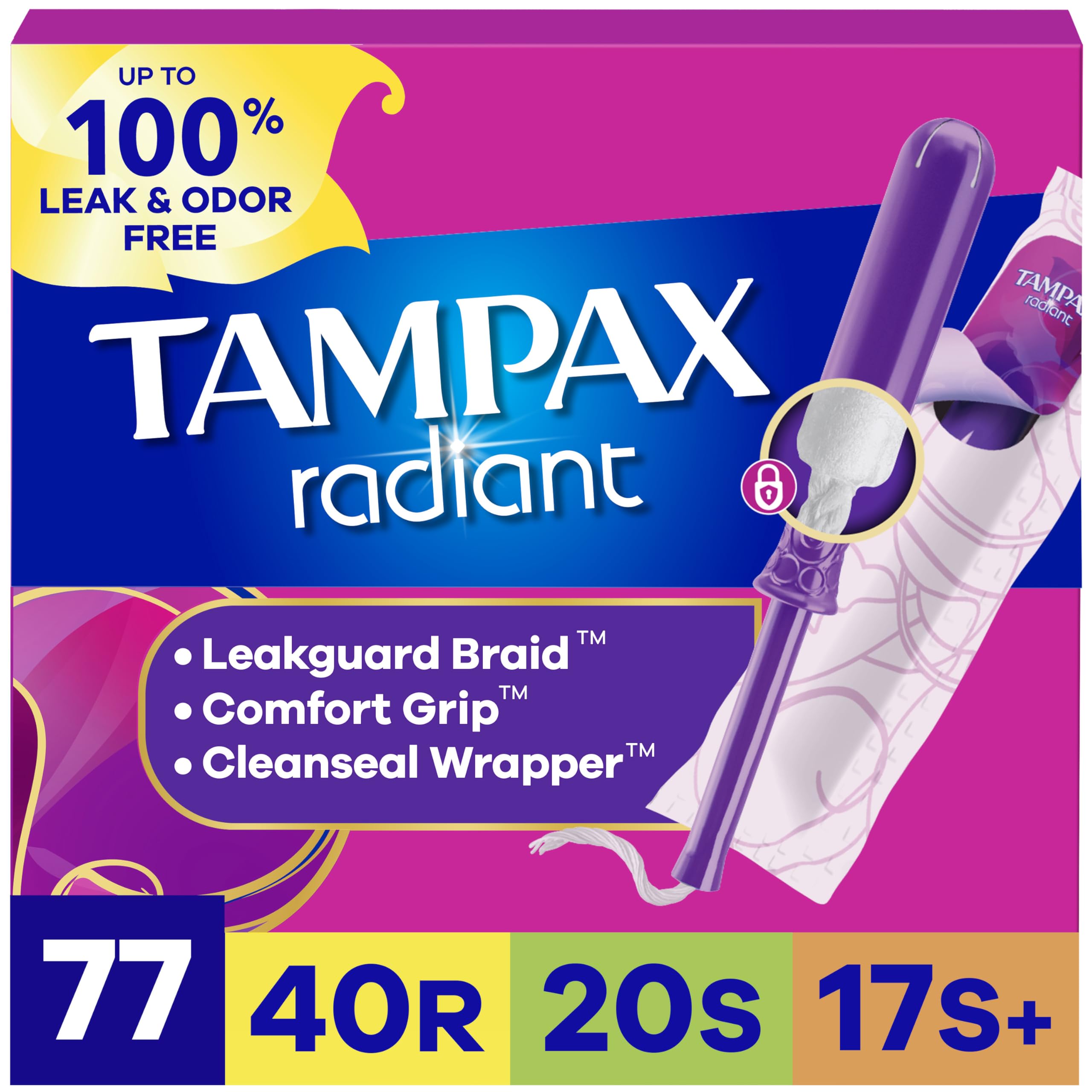 Tampax Radiant frente del empaque mostrando cantidad y beneficios